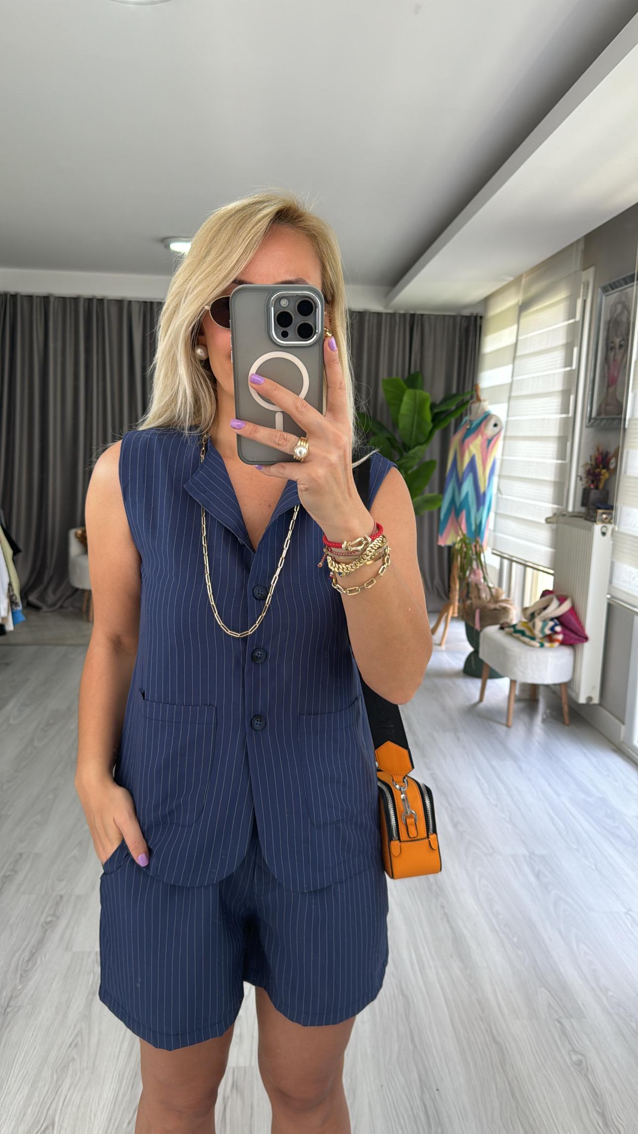 LACİVERT TENCEL KUMAŞ ÇİZGİLİ YELEKLİ TAKIM