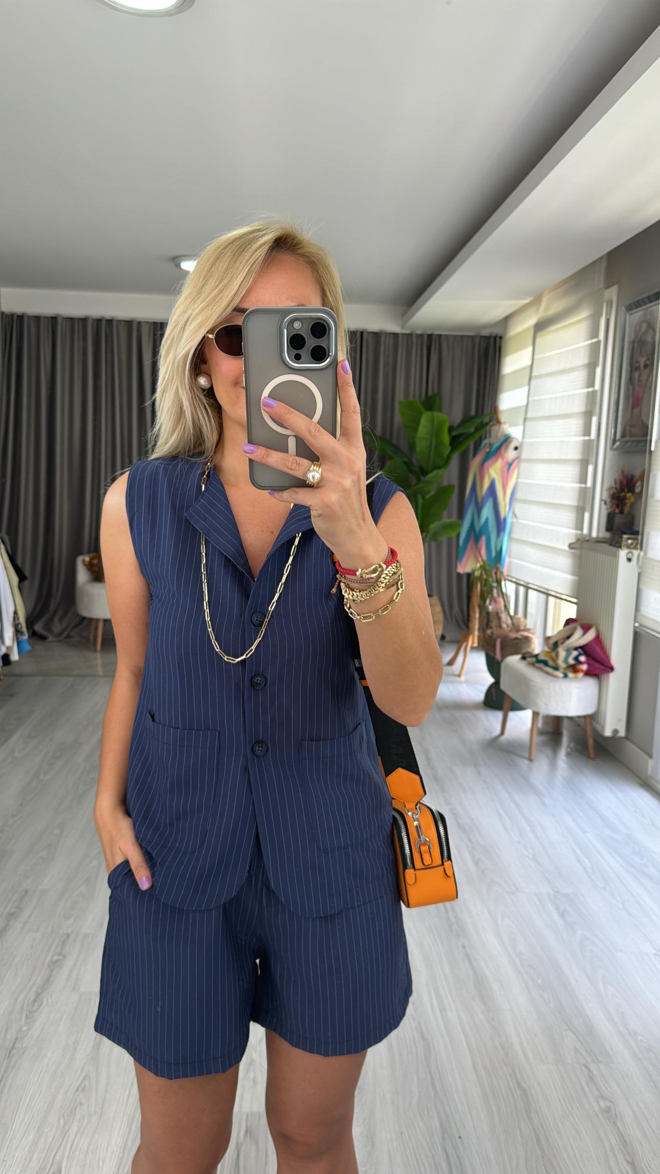 LACİVERT TENCEL KUMAŞ ÇİZGİLİ YELEKLİ TAKIM