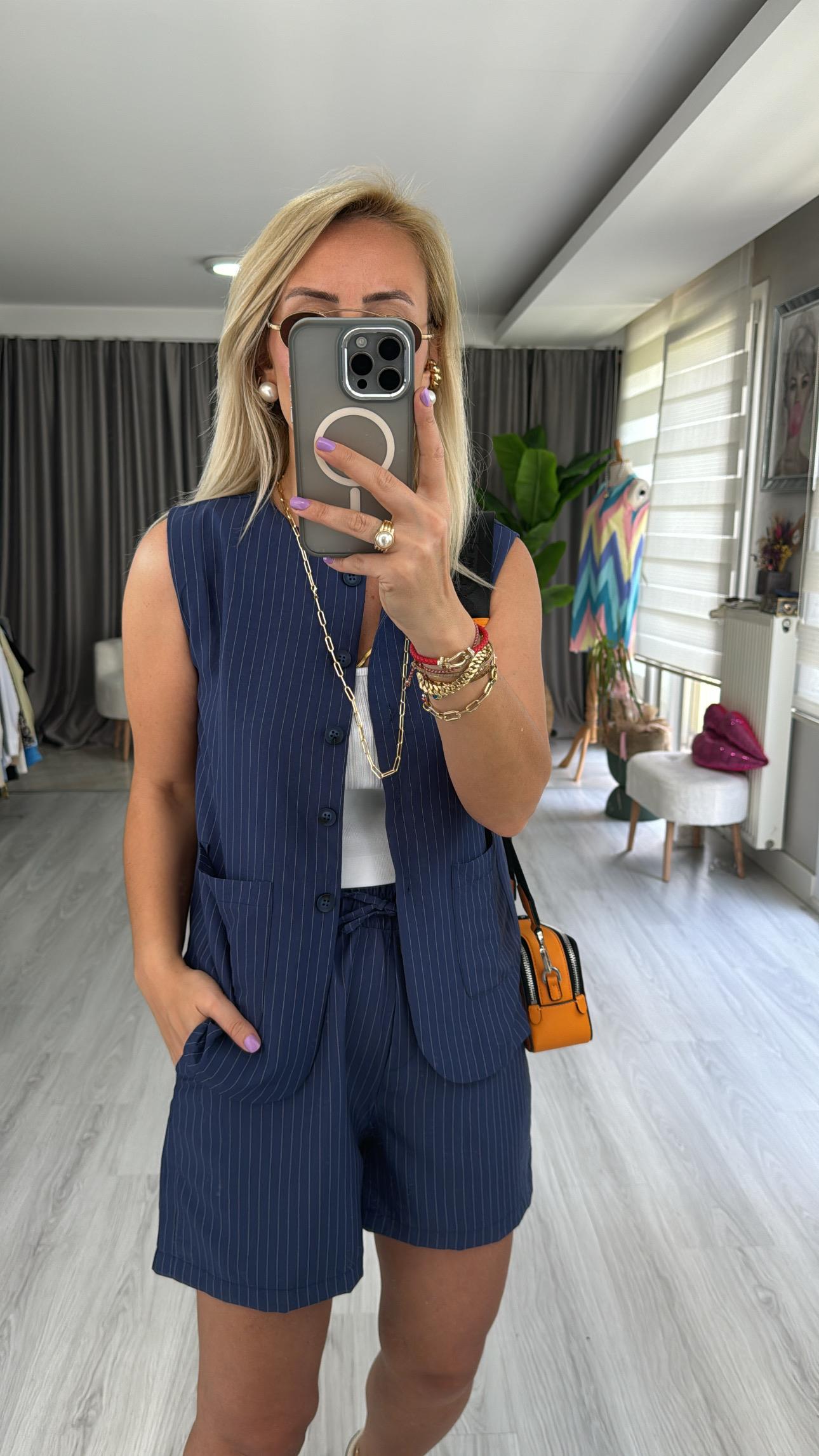 LACİVERT TENCEL KUMAŞ ÇİZGİLİ YELEKLİ TAKIM