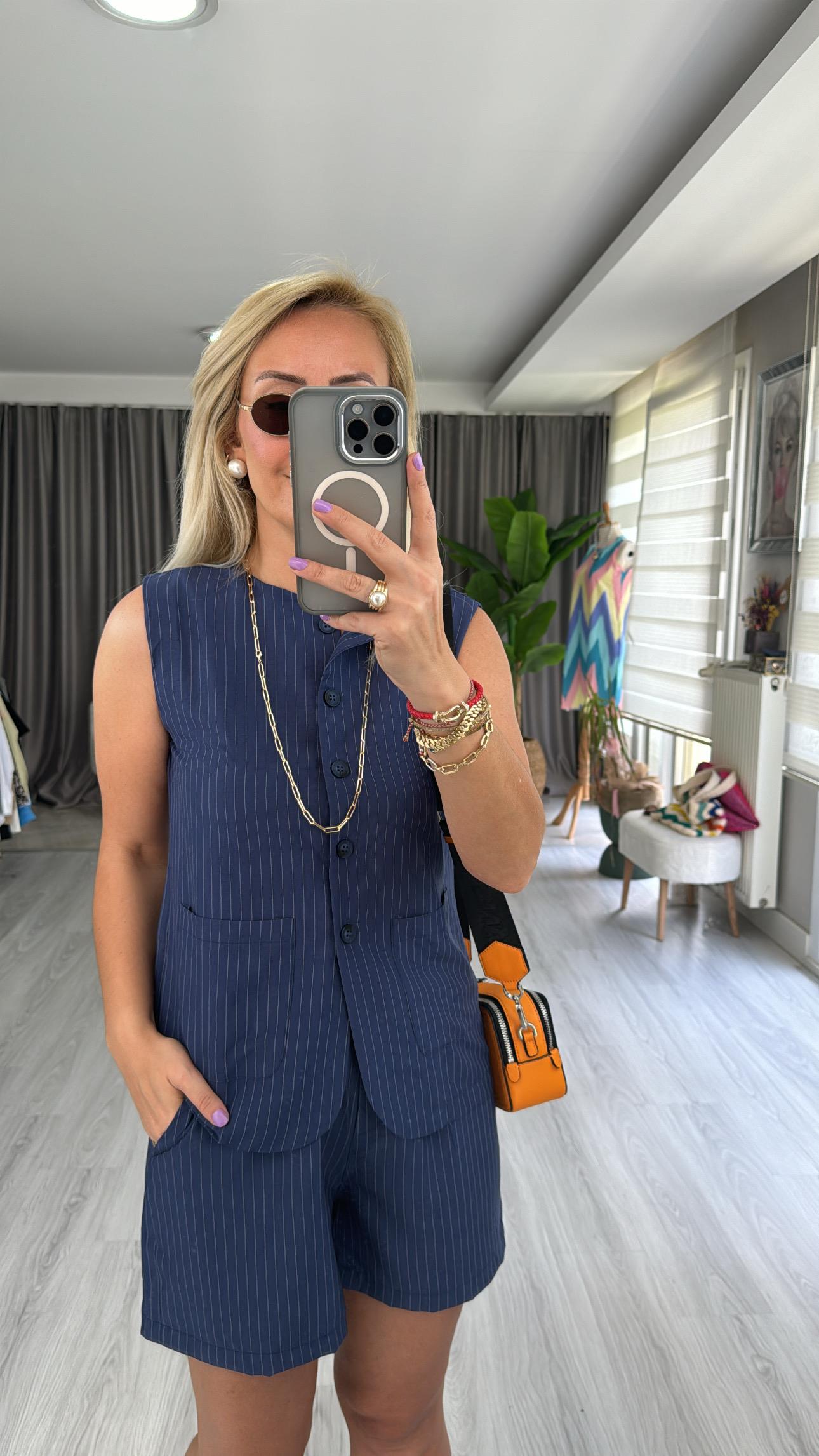 LACİVERT TENCEL KUMAŞ ÇİZGİLİ YELEKLİ TAKIM