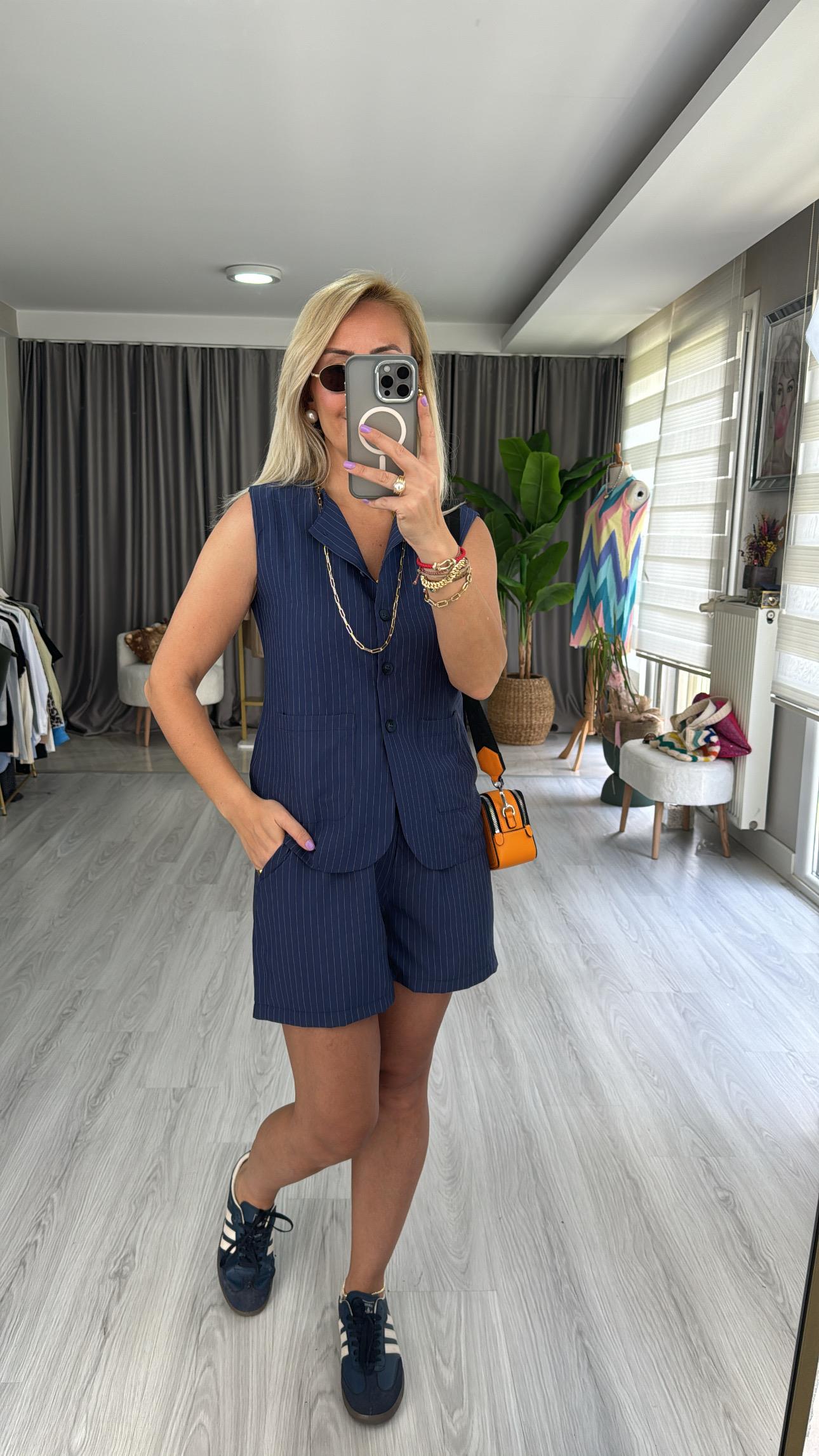 LACİVERT TENCEL KUMAŞ ÇİZGİLİ YELEKLİ TAKIM