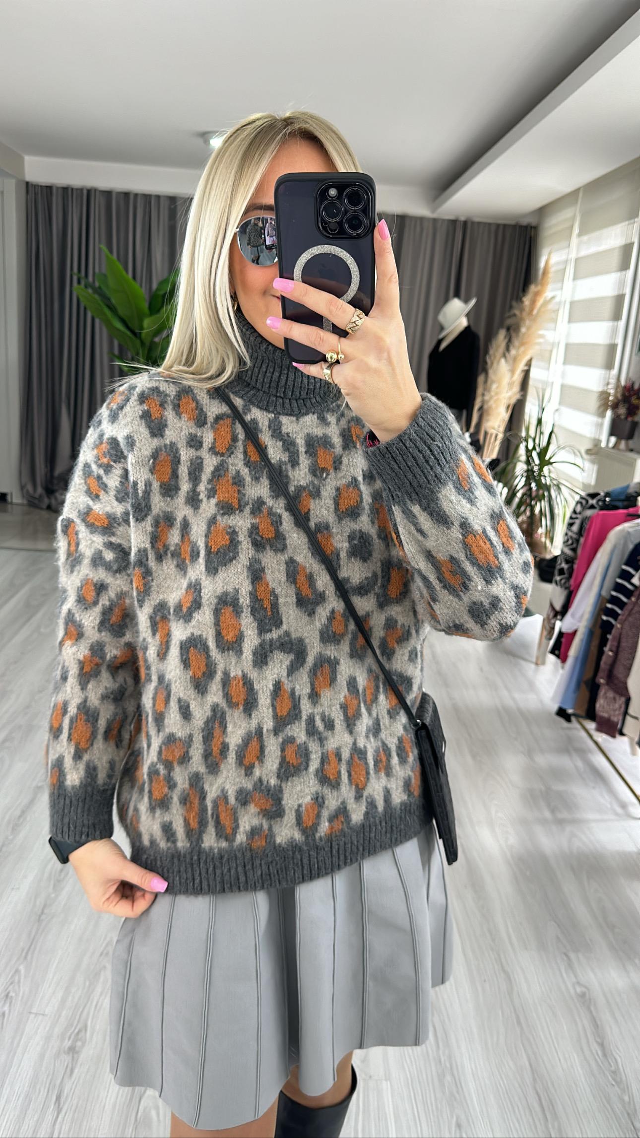 LEOPAR DESEN BALIKÇI YAKA TRİKO  VİZON / ANTRASİT