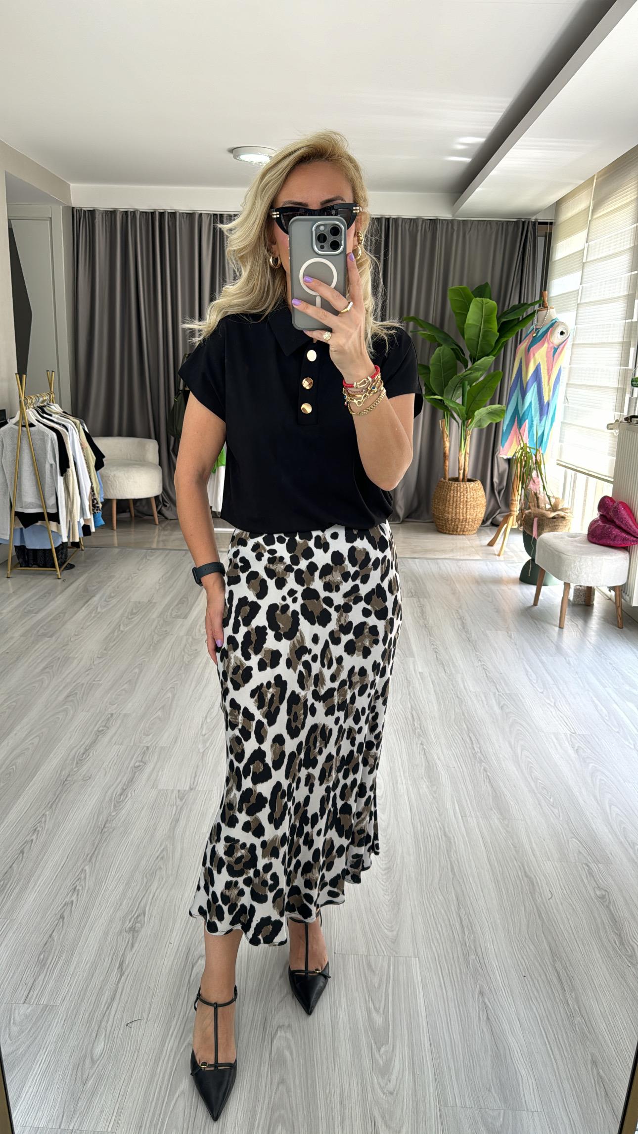 LEOPAR DESEN GRİ SİYAH SATEN ETEK