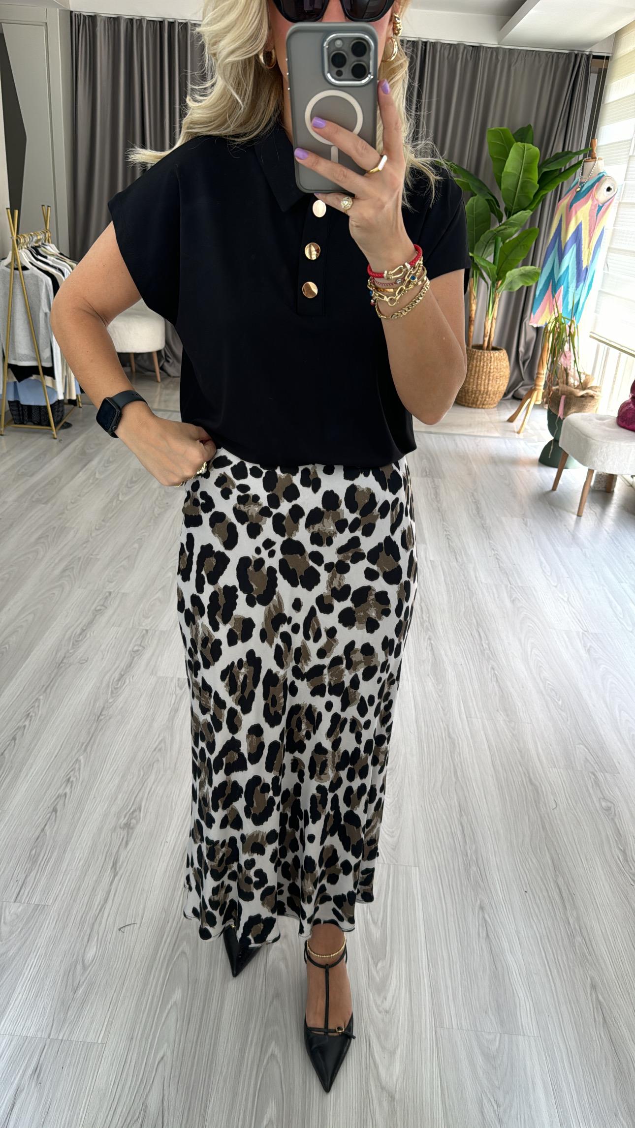 LEOPAR DESEN GRİ SİYAH SATEN ETEK