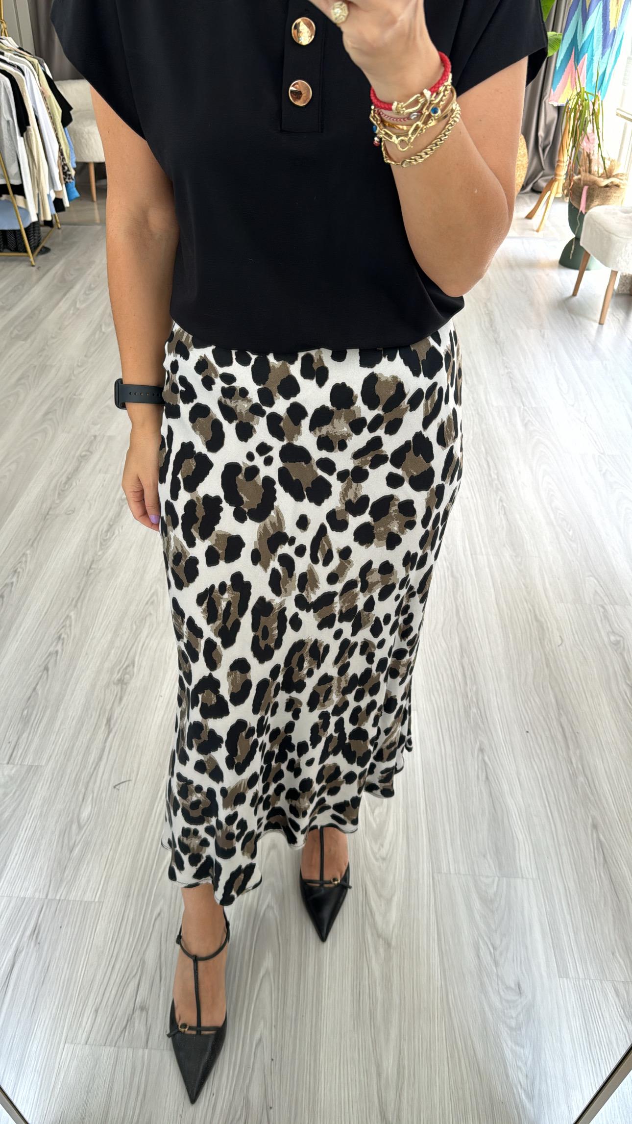 LEOPAR DESEN GRİ SİYAH SATEN ETEK
