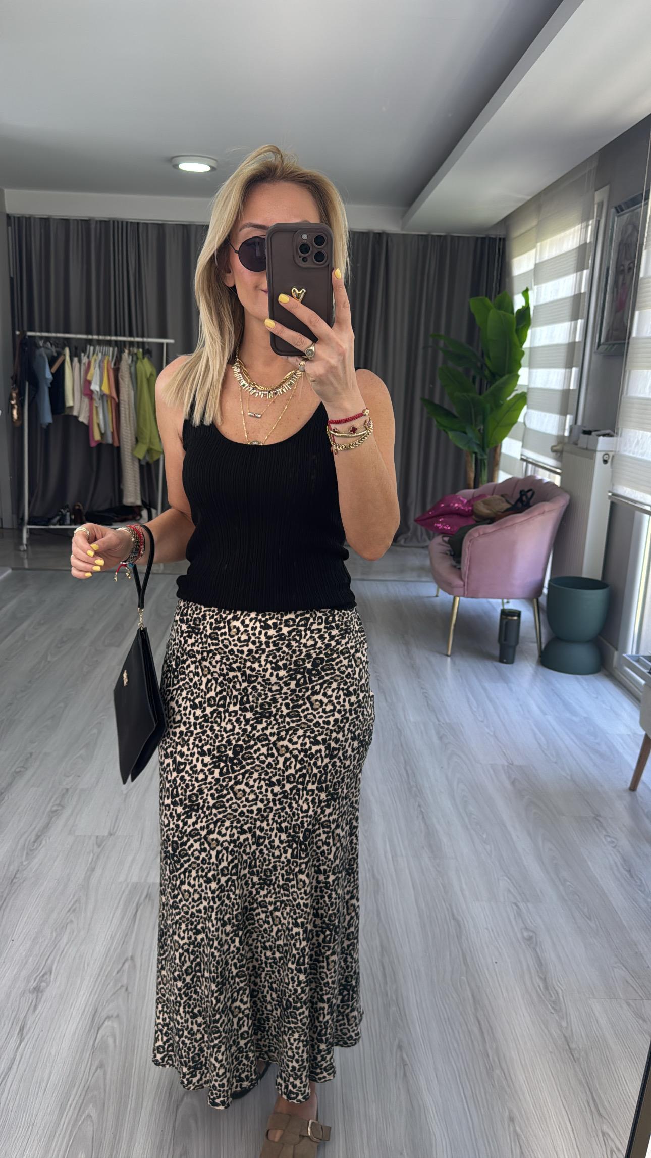 Leopar Desen Saten Etek