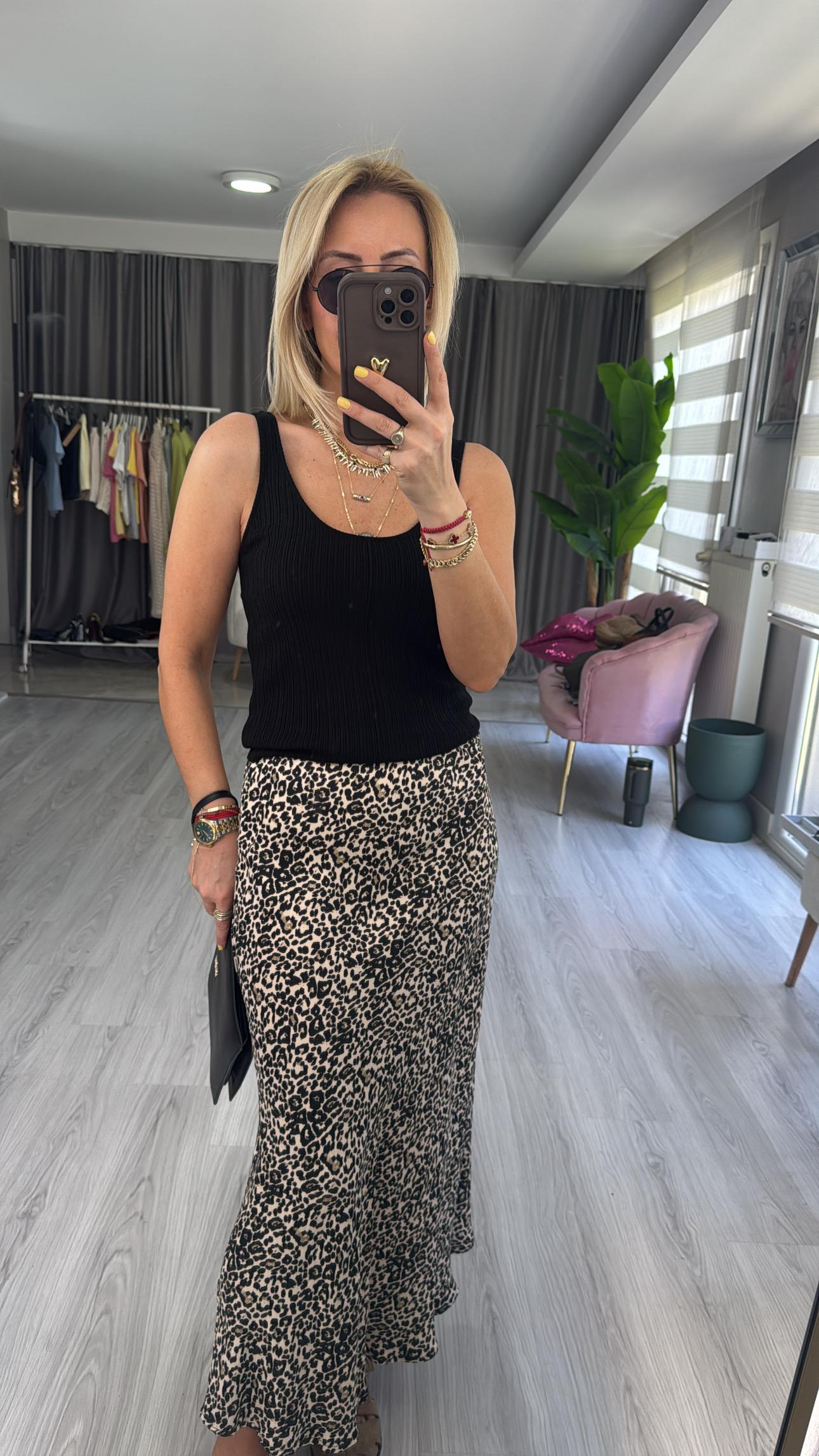 Leopar Desen Saten Etek