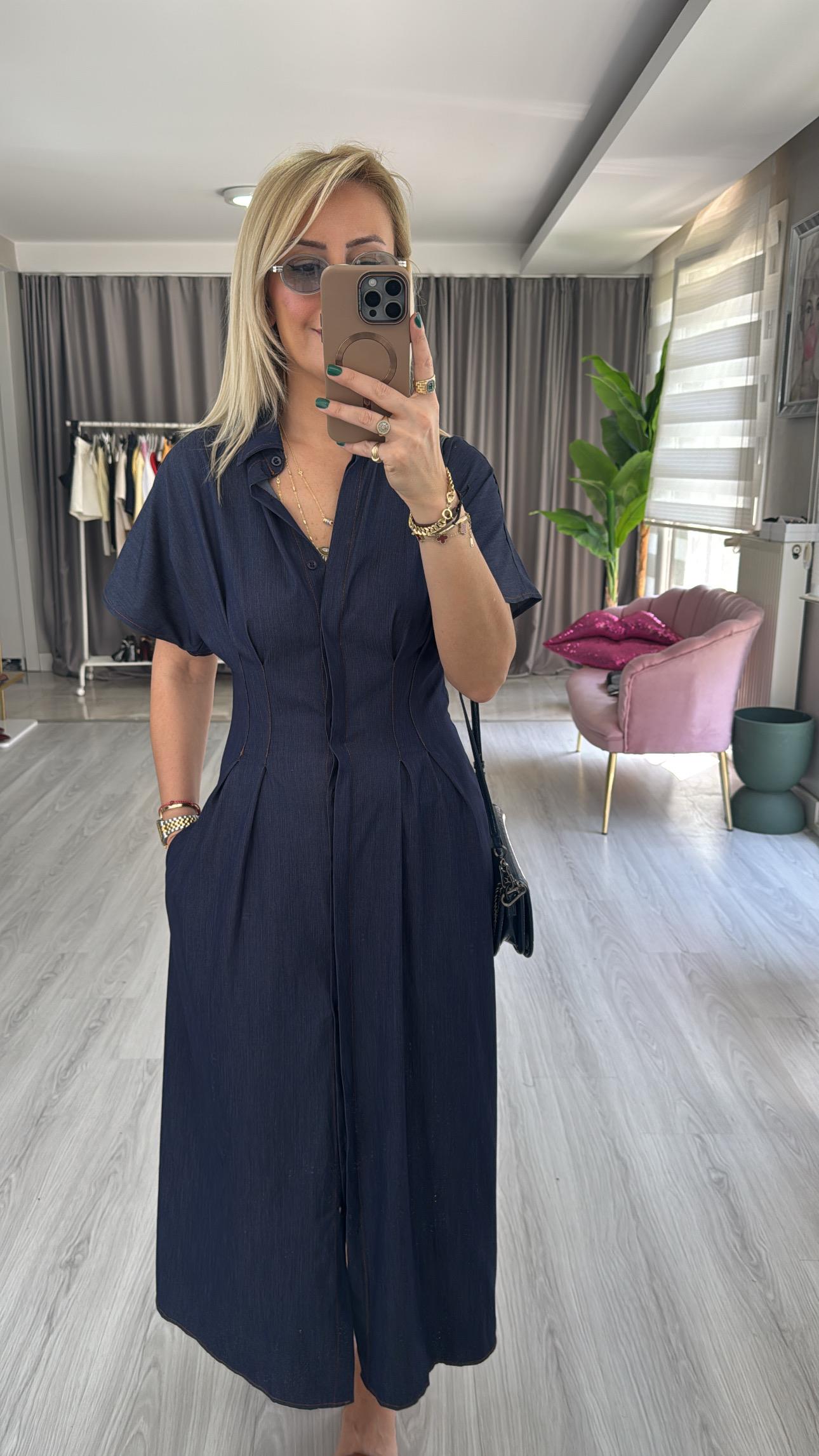 Likralı Tencel Jean Gömlek Elbise