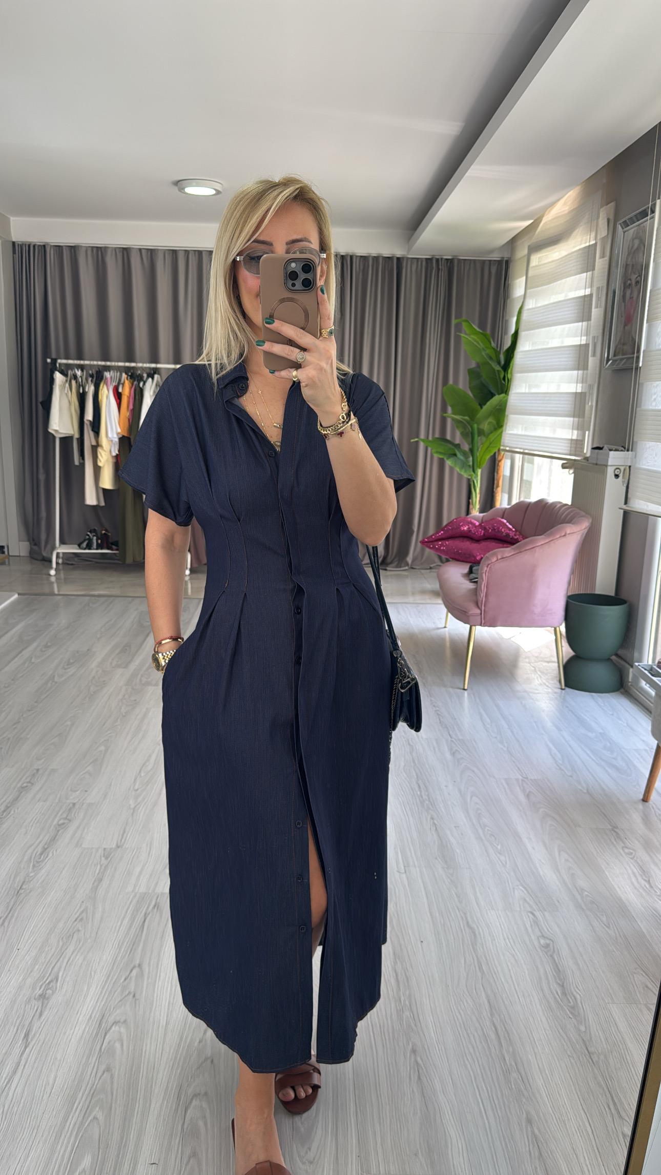 Likralı Tencel Jean Gömlek Elbise
