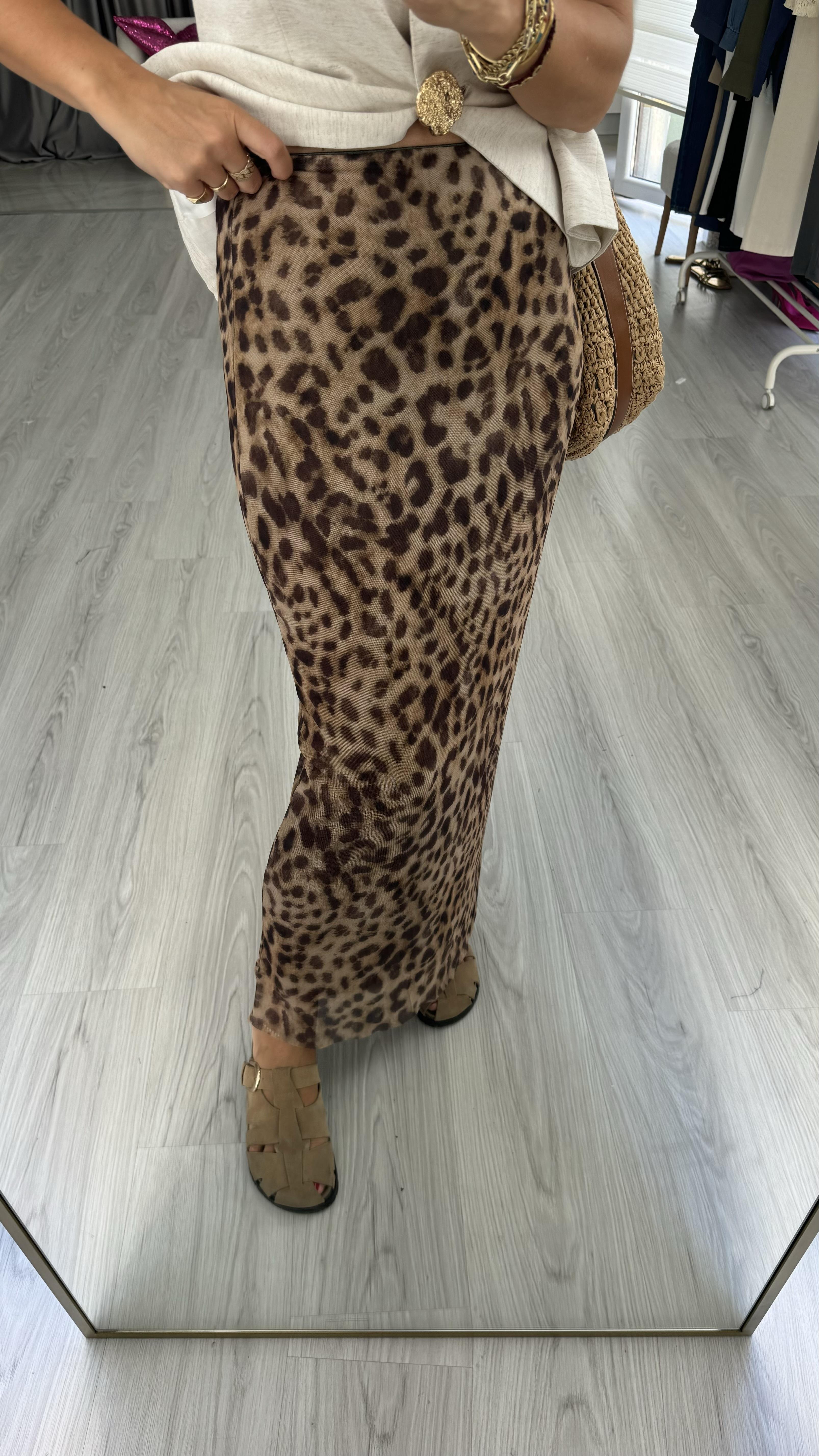Likralı Tül Leopar Etek