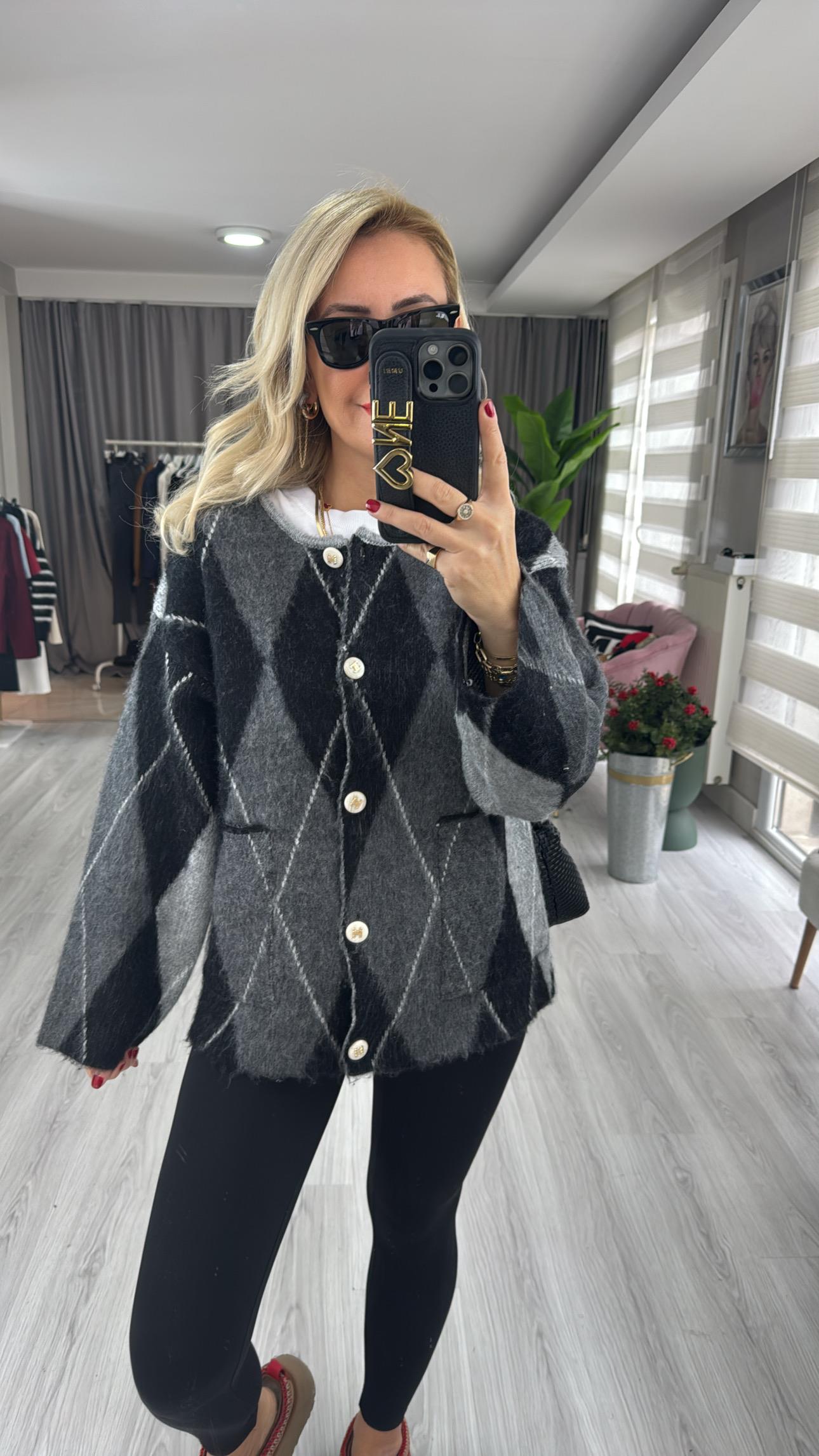 Marka Model Gri Baklava Desen Premium Triko Ceket