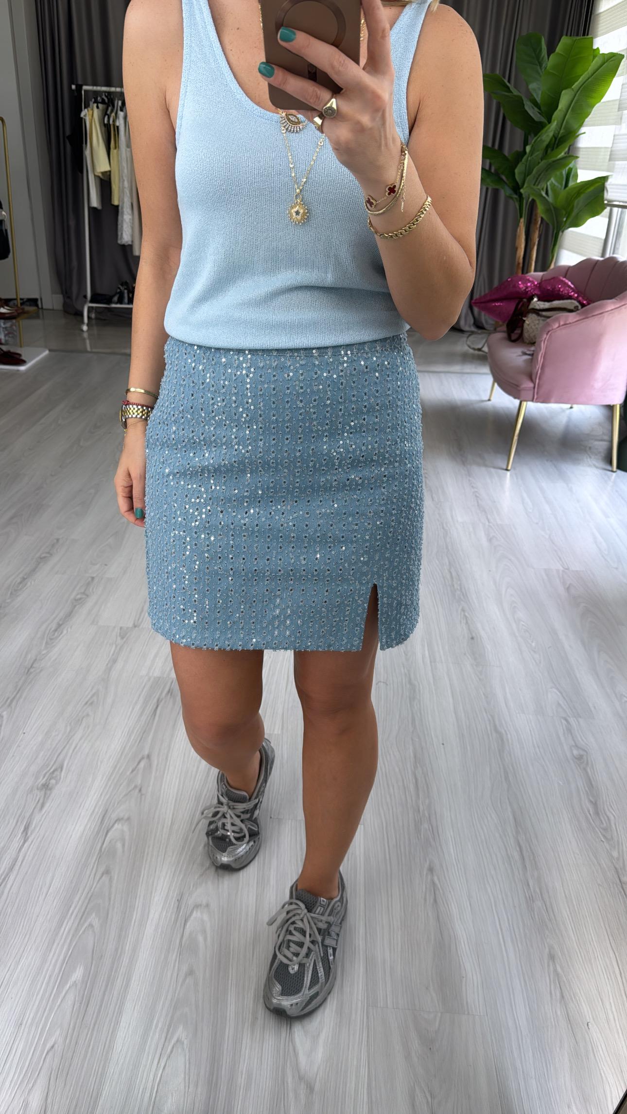 Minik Yırtmaçlı Payetli Mavi Denim Etek