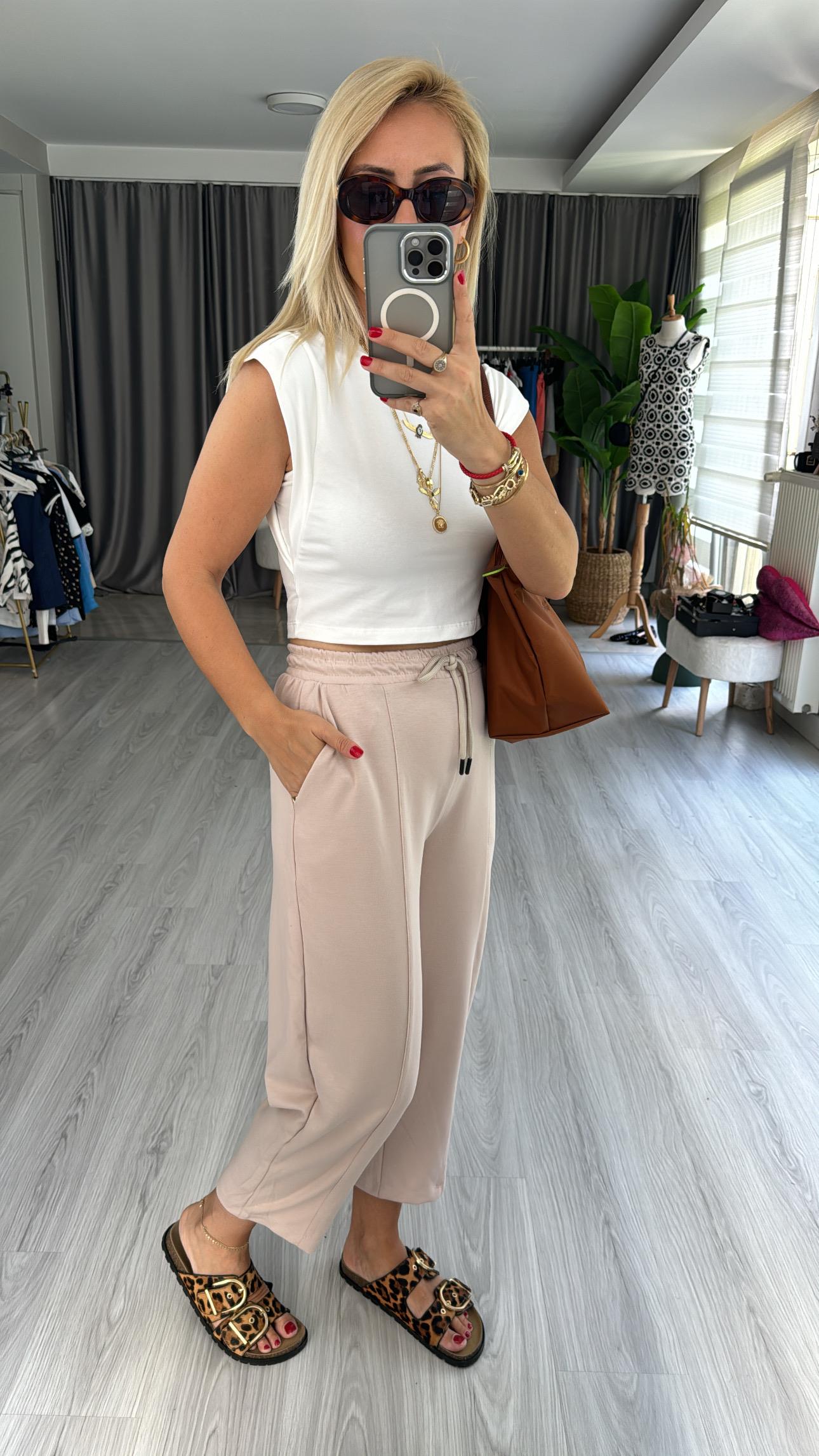 MODAL KUMAŞ, BELİ LASTİKLİ BEJ EŞOFMAN