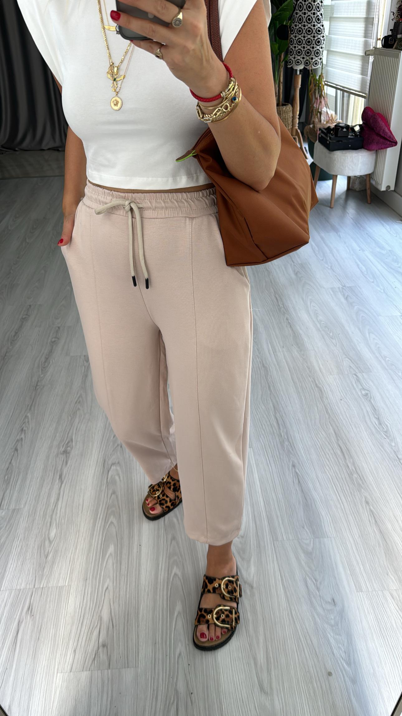 MODAL KUMAŞ, BELİ LASTİKLİ BEJ EŞOFMAN