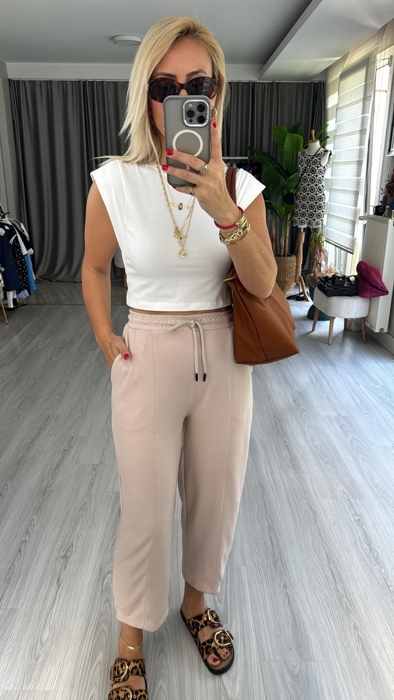 MODAL KUMAŞ, BELİ LASTİKLİ BEJ EŞOFMAN