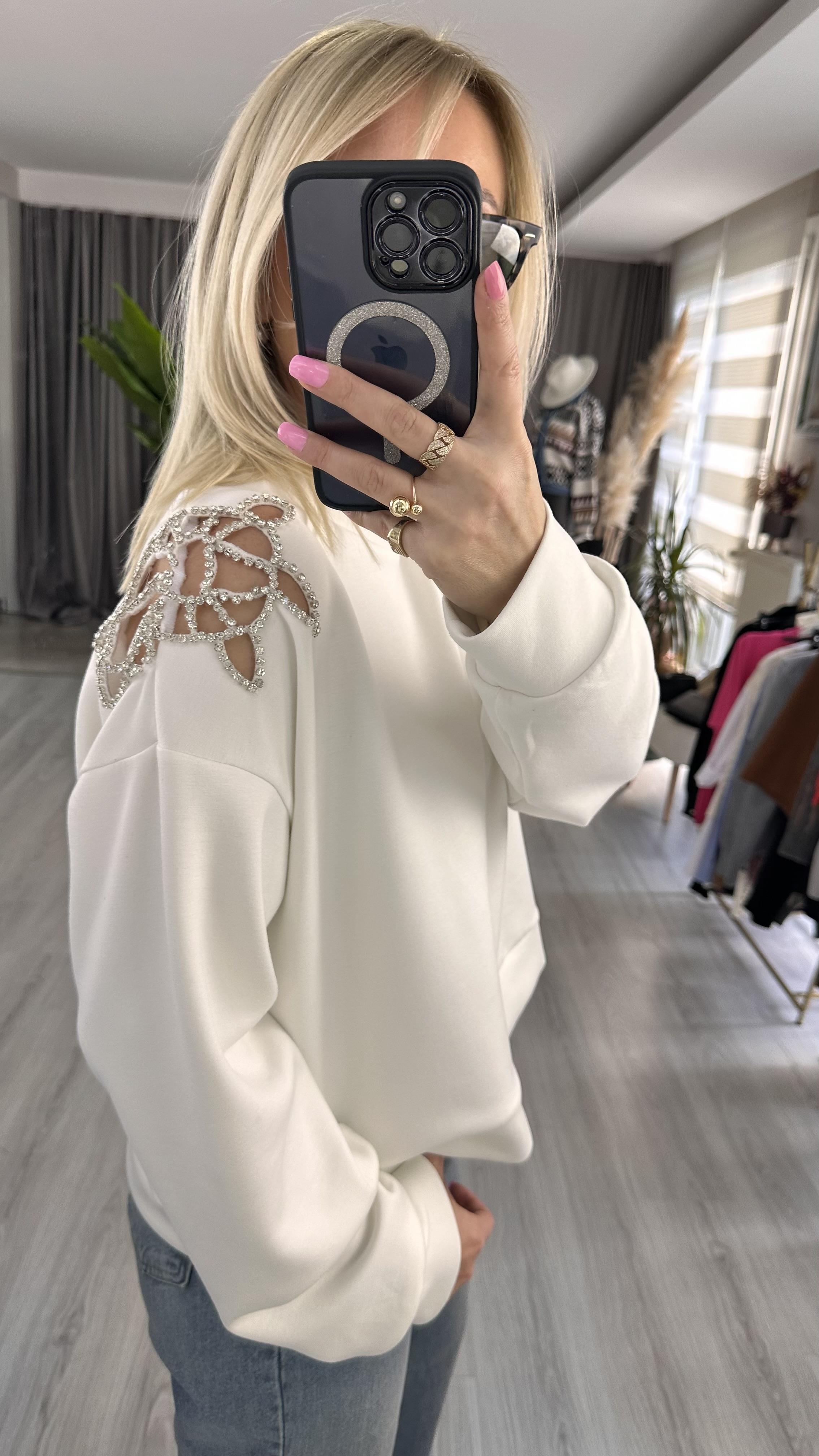 OMZU TAŞ İŞLEMELİ MODAL KUMAŞ BEYAZ SWEATSHİRT