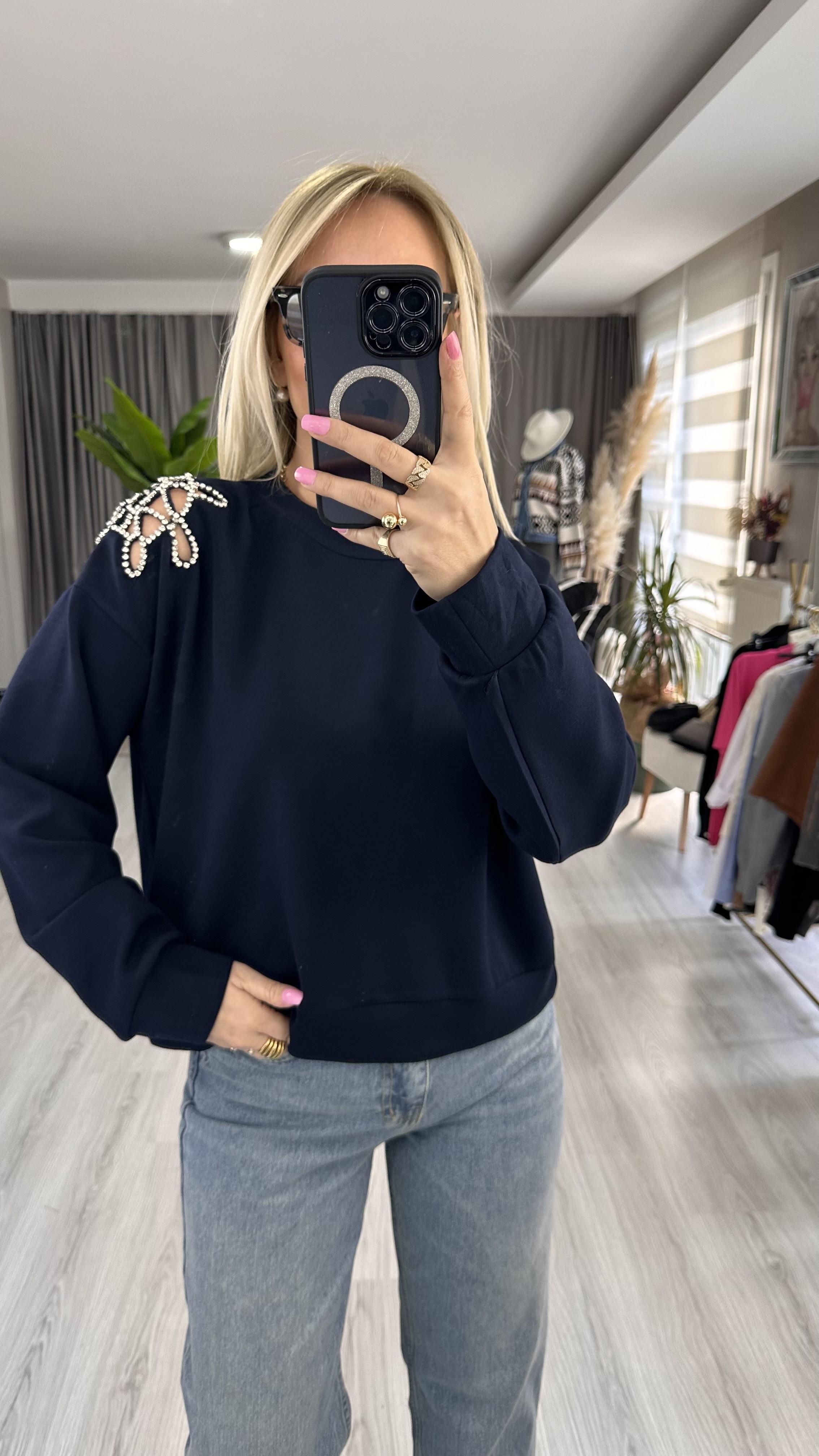OMZU TAŞ İŞLEMELİ MODAL KUMAŞ LACİVERT SWEATSHİRT