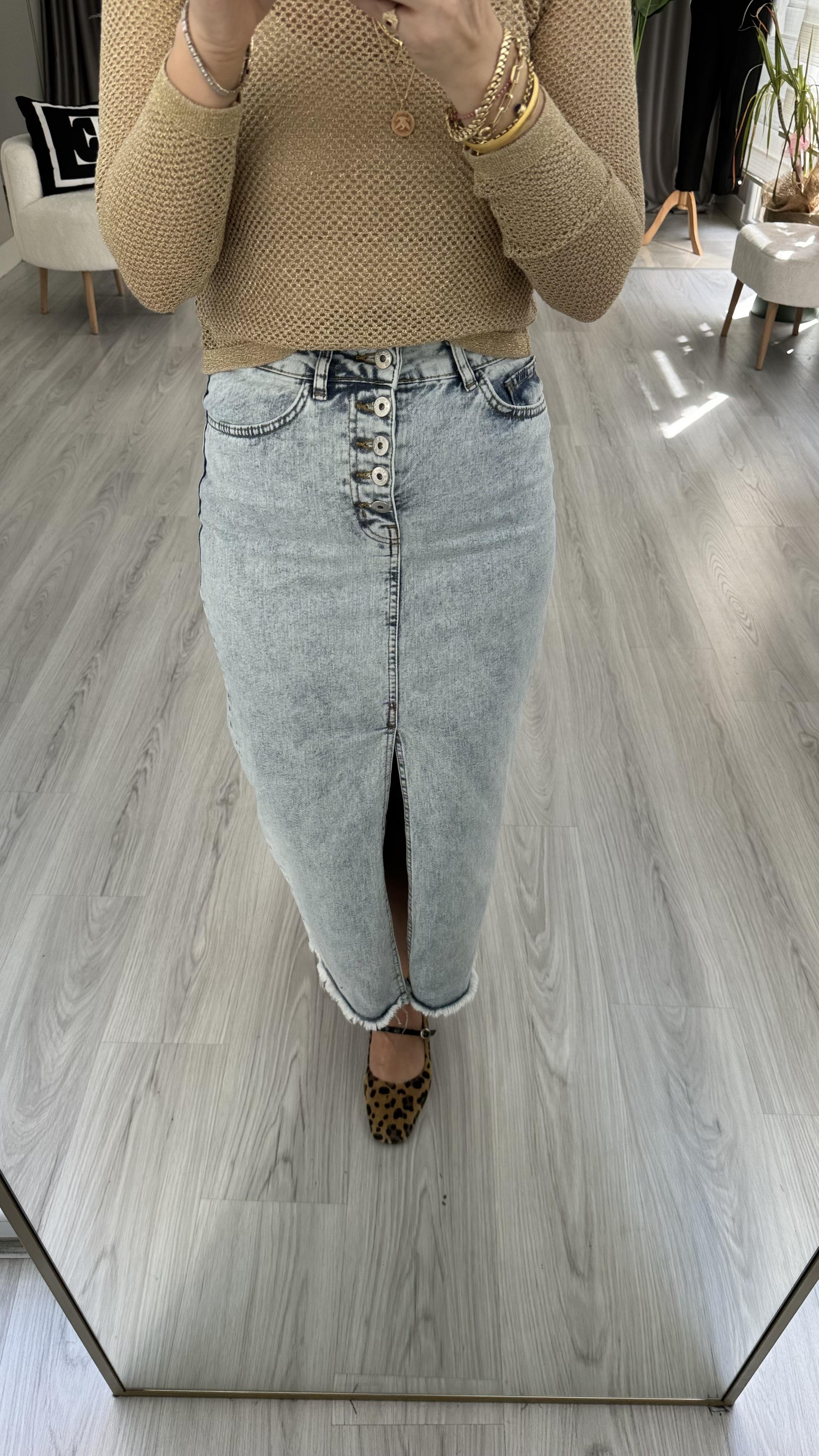 ÖNDEN DÜĞMELİ YIRTMAÇLI DENİM ETEK