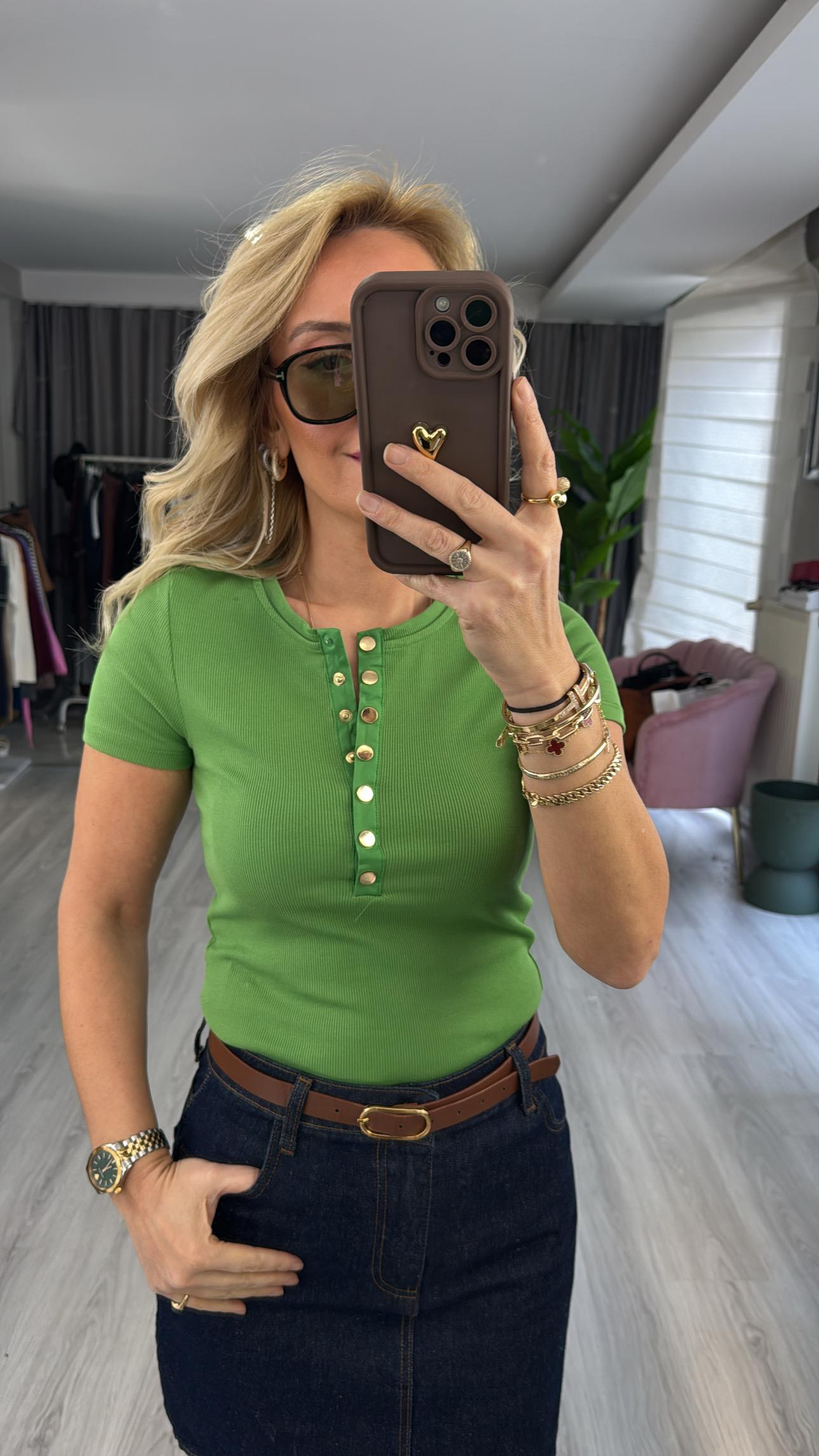 Önü Gold Düğmeli Kaşkorse Yarım Kol Yeşil Bluz