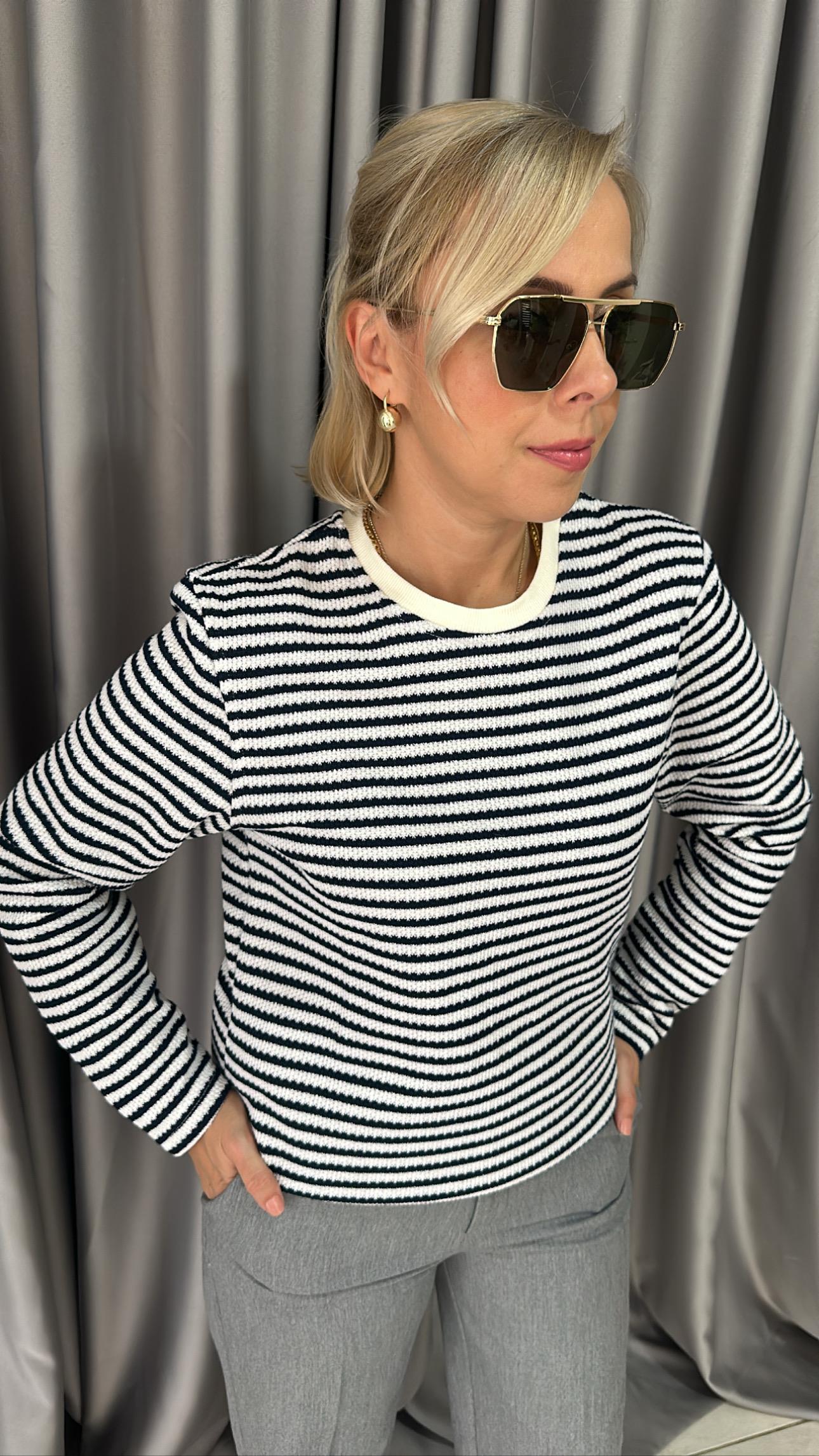 ORGİNAL MARKA LACİVERT BEYAZ ÇİZGİLİ UZUN KOL TRİKO