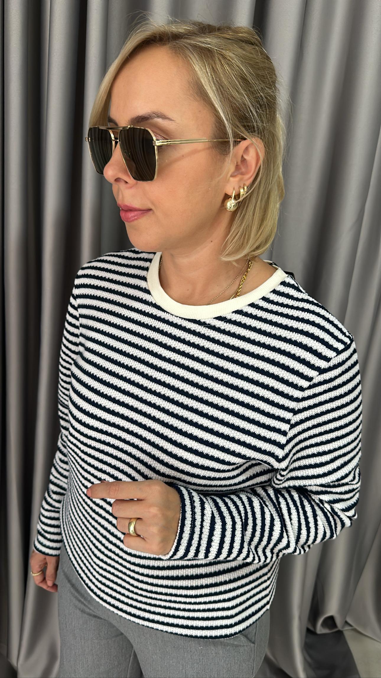 ORGİNAL MARKA LACİVERT BEYAZ ÇİZGİLİ UZUN KOL TRİKO