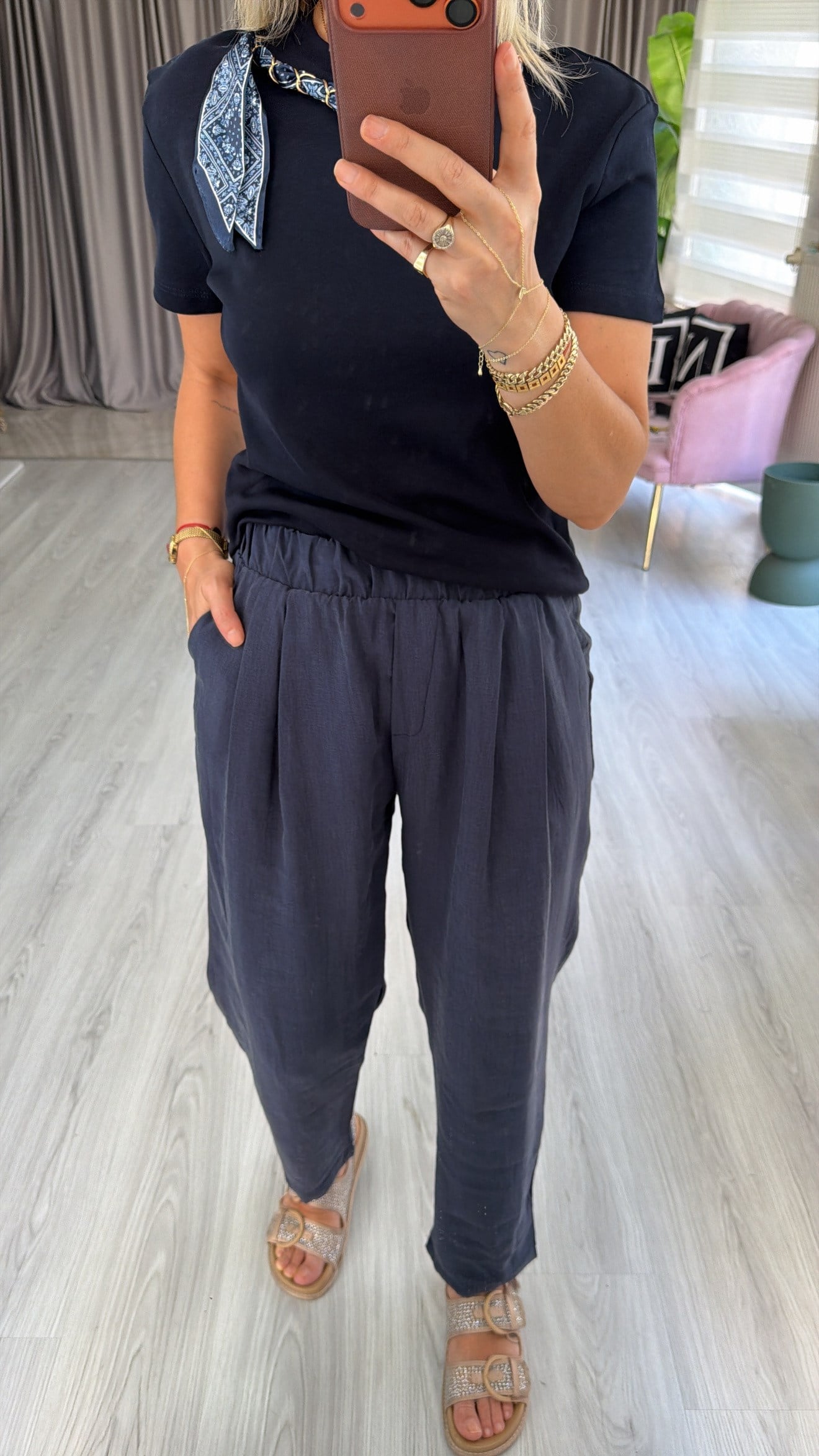 Orijinal Marka %100 Pamuklu Lacivert Tencel Pantolon