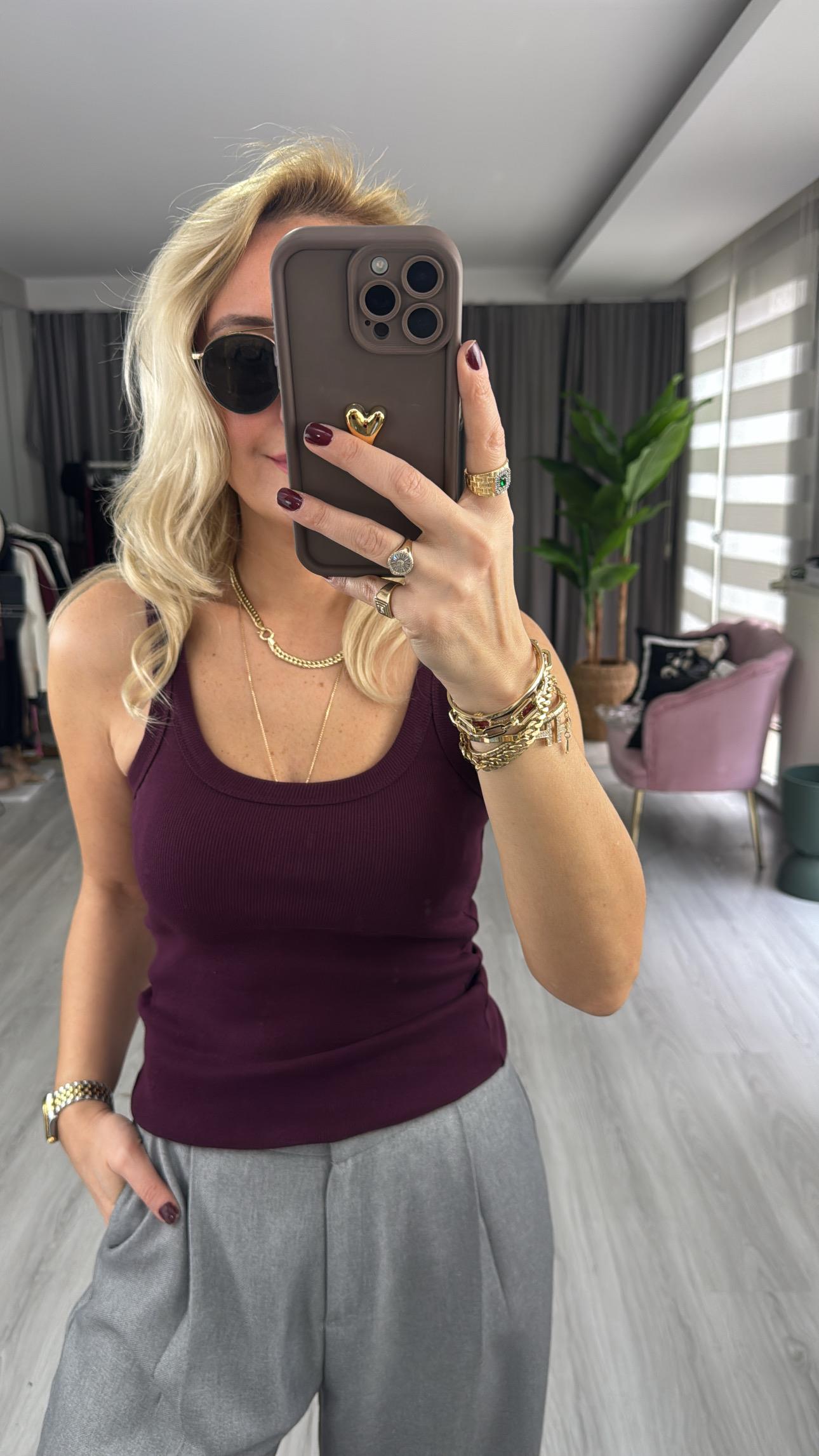 Orijinal Marka Askılı Bordo Bluz