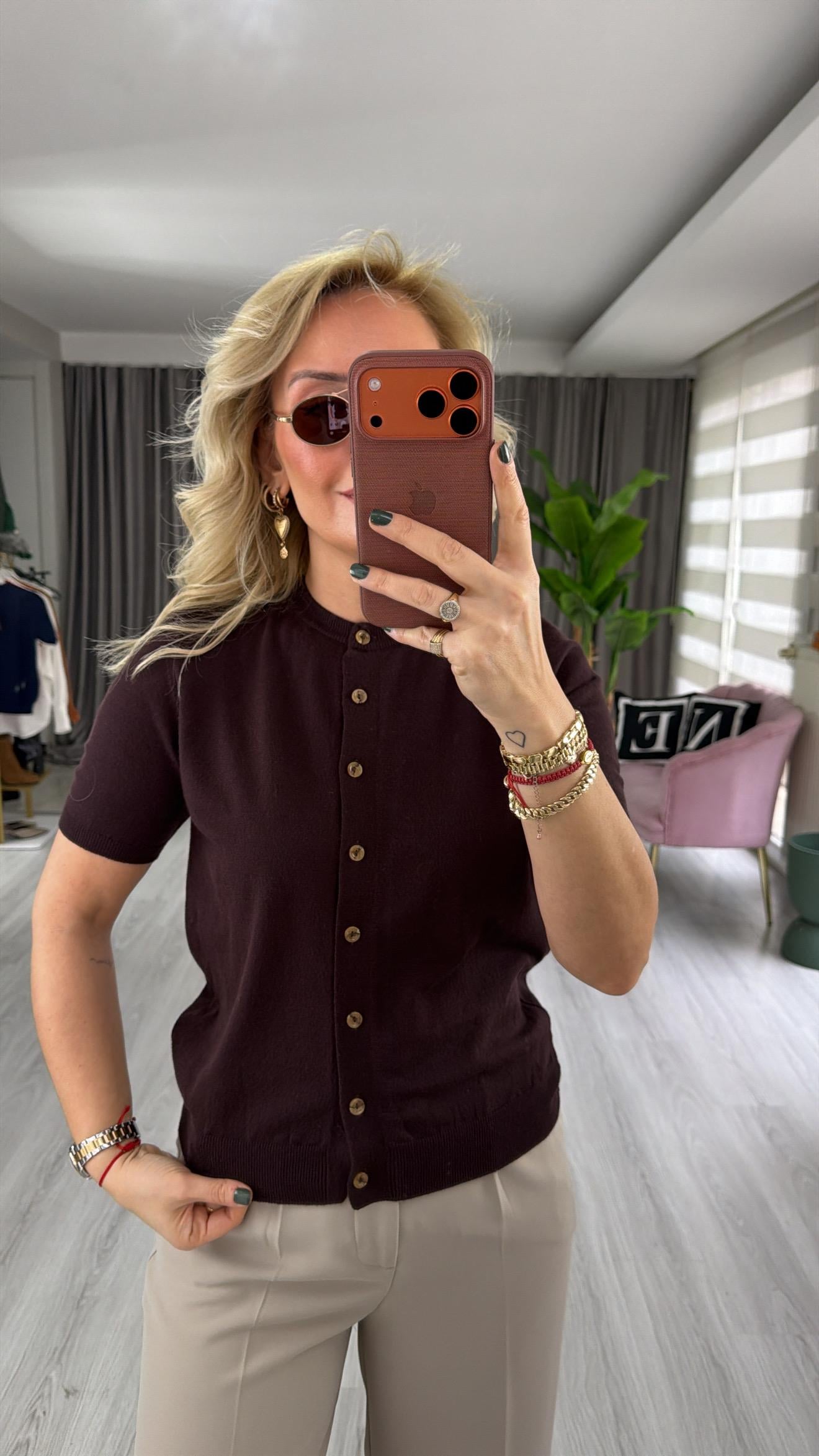 Orijinal Marka Bisiklet Yaka Düğmeli Acı Kahve Triko