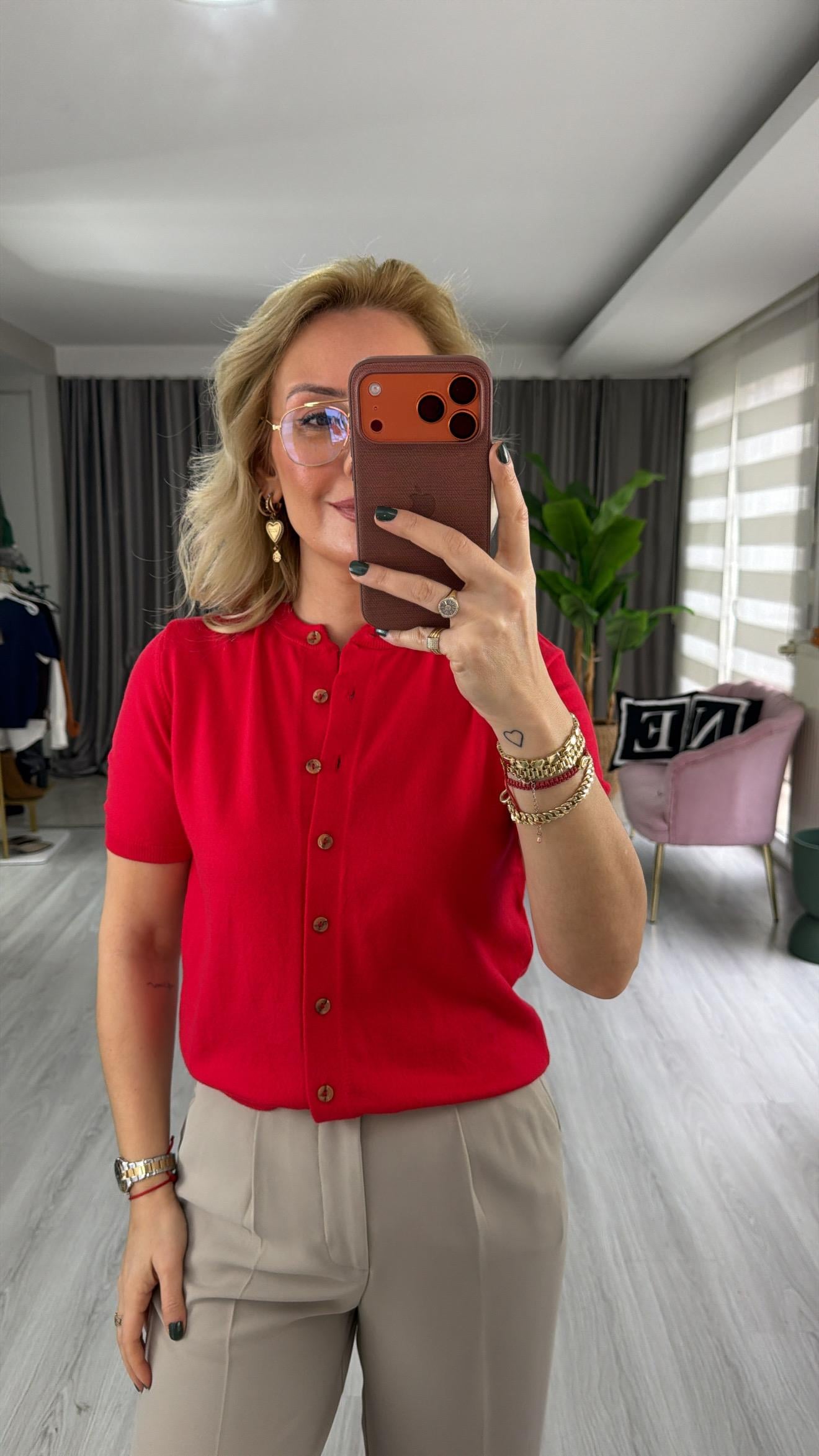 Orijinal Marka Bisiklet Yaka Düğmeli Kırmızı Triko