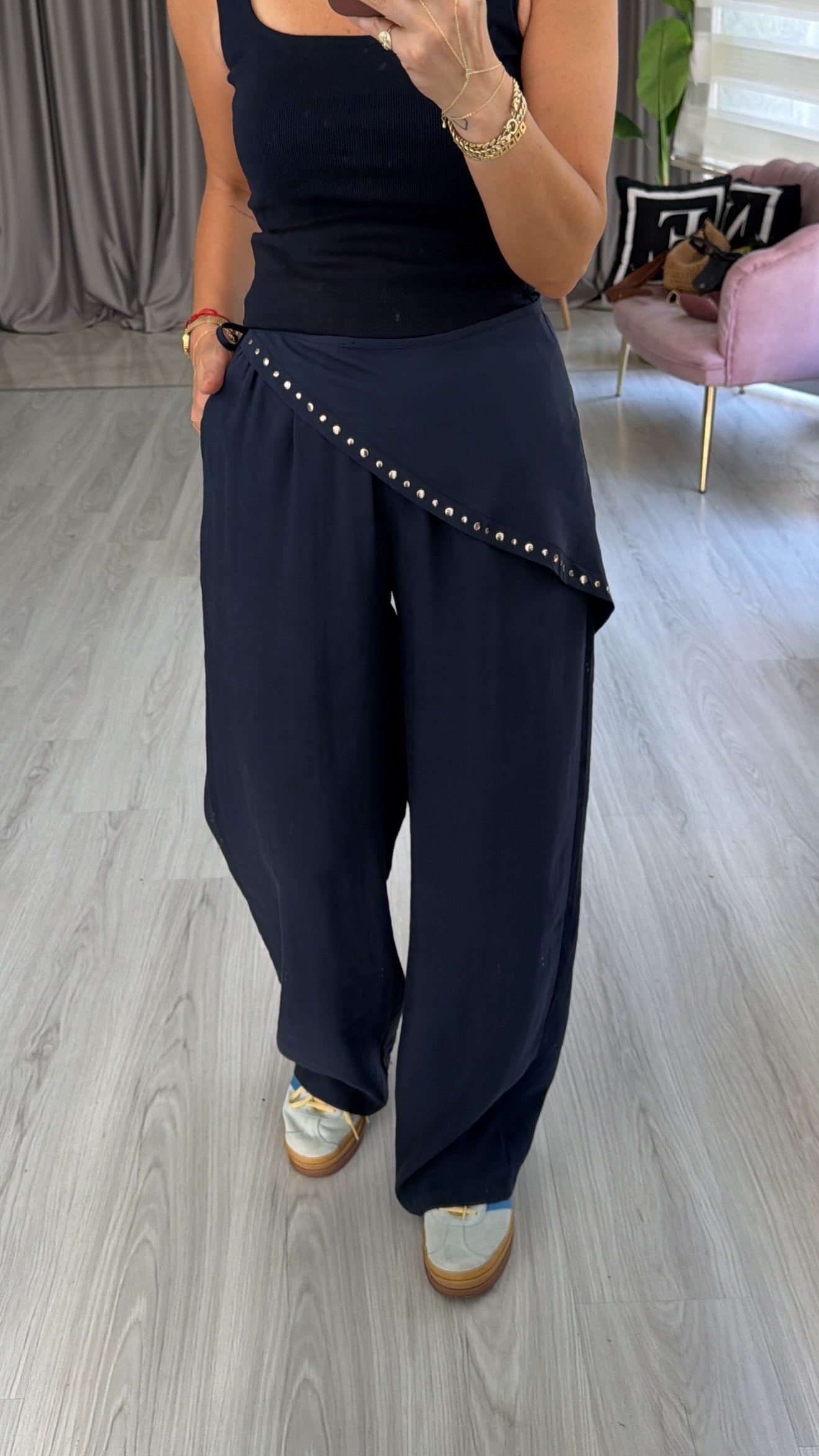 Orijinal Marka Şal Detaylı Beli Lastikli Lacivert Tencel Pantolon