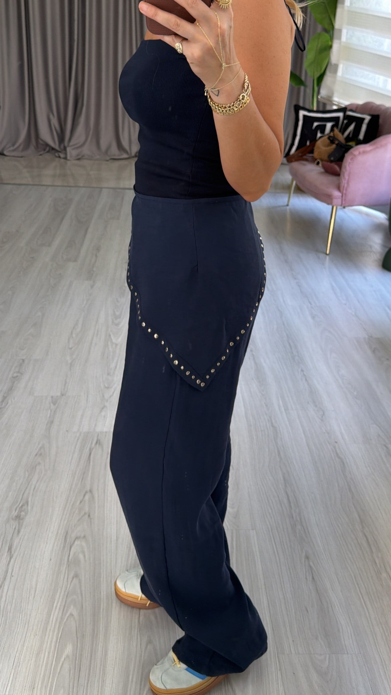 Orijinal Marka Şal Detaylı Beli Lastikli Lacivert Tencel Pantolon