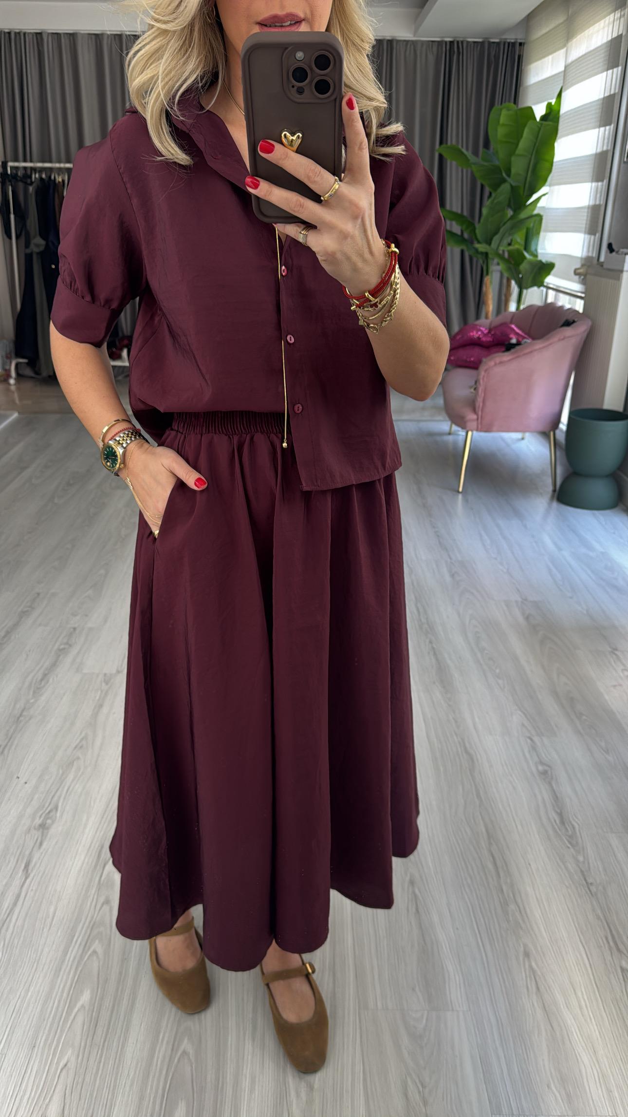 Orijinal Model Bordo Etek Gömlek Takım