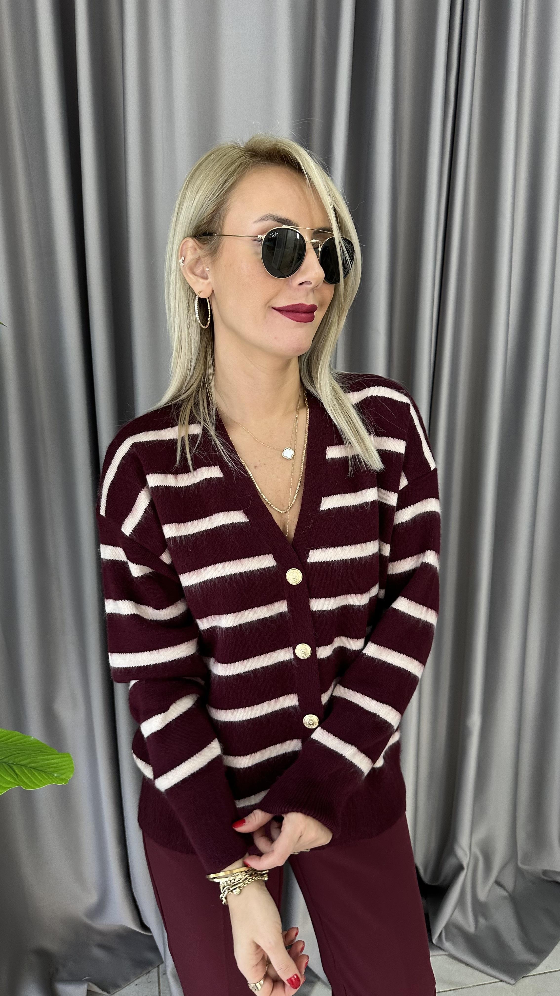 Orjinal Marka Ekru Çizgili Bordo Triko Ceket