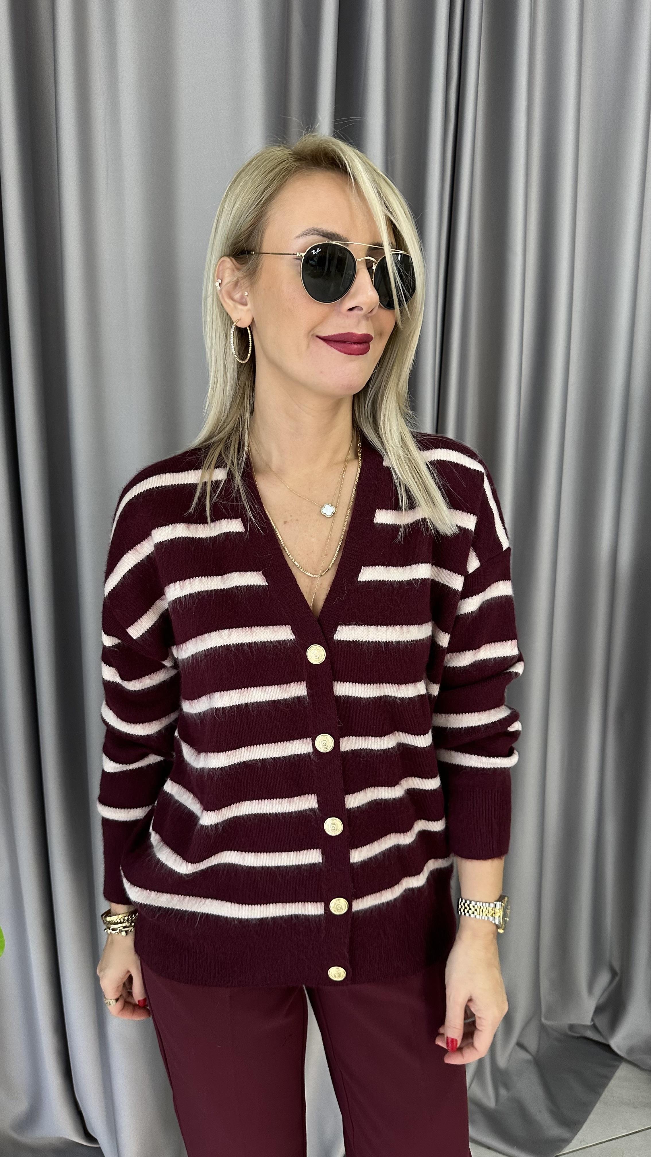 Orjinal Marka Ekru Çizgili Bordo Triko Ceket