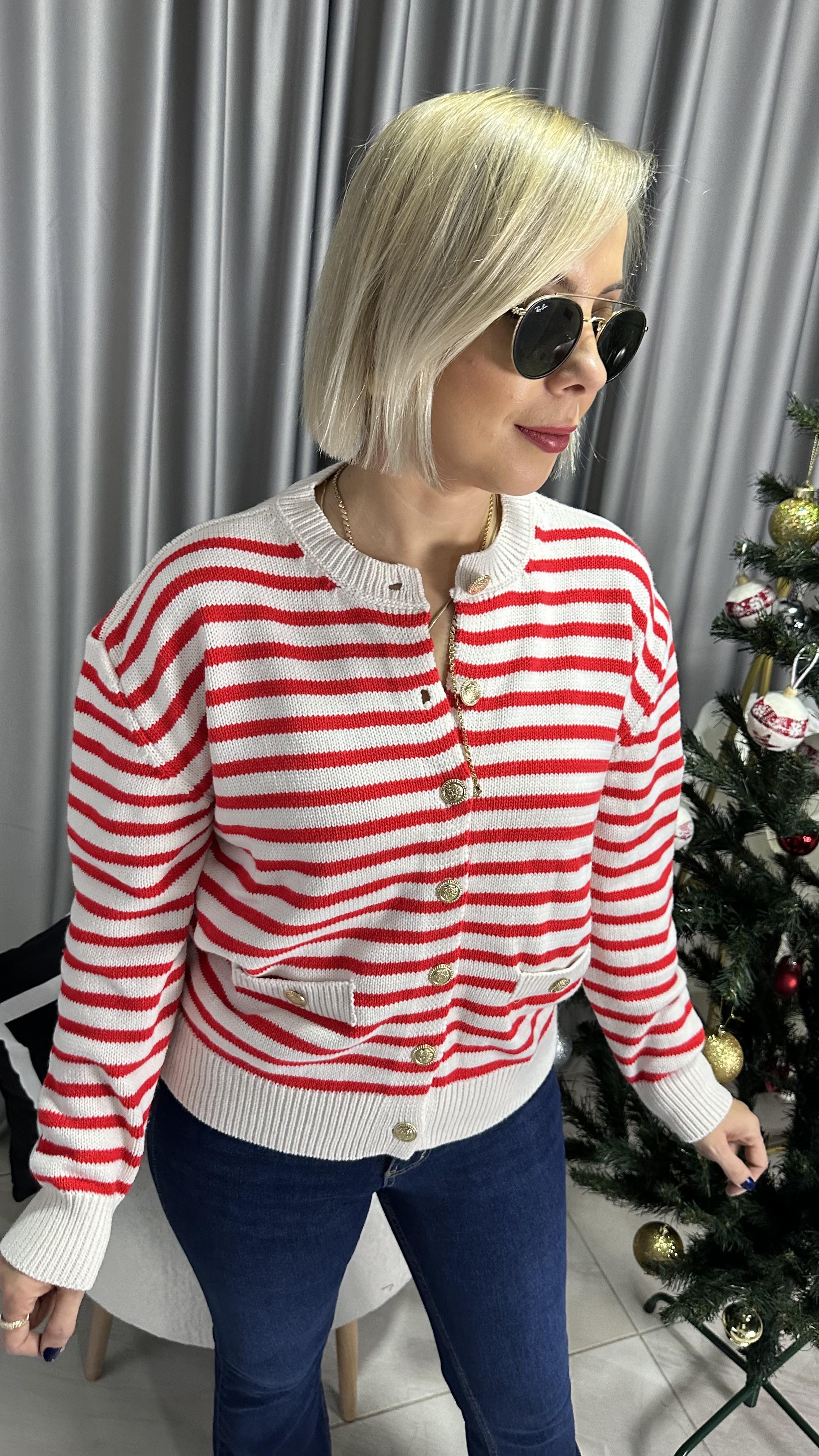 ORJİNAL MARKA GOLD DÜĞMELİ KIRMIZI ÇİZGİLİ TRİKO HIRKA