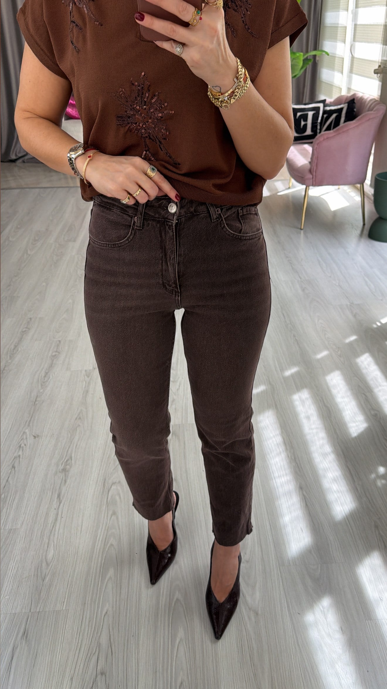 Orjinal Marka Likralı Acı Kahve Yıkamalı Kesik Paça Jean