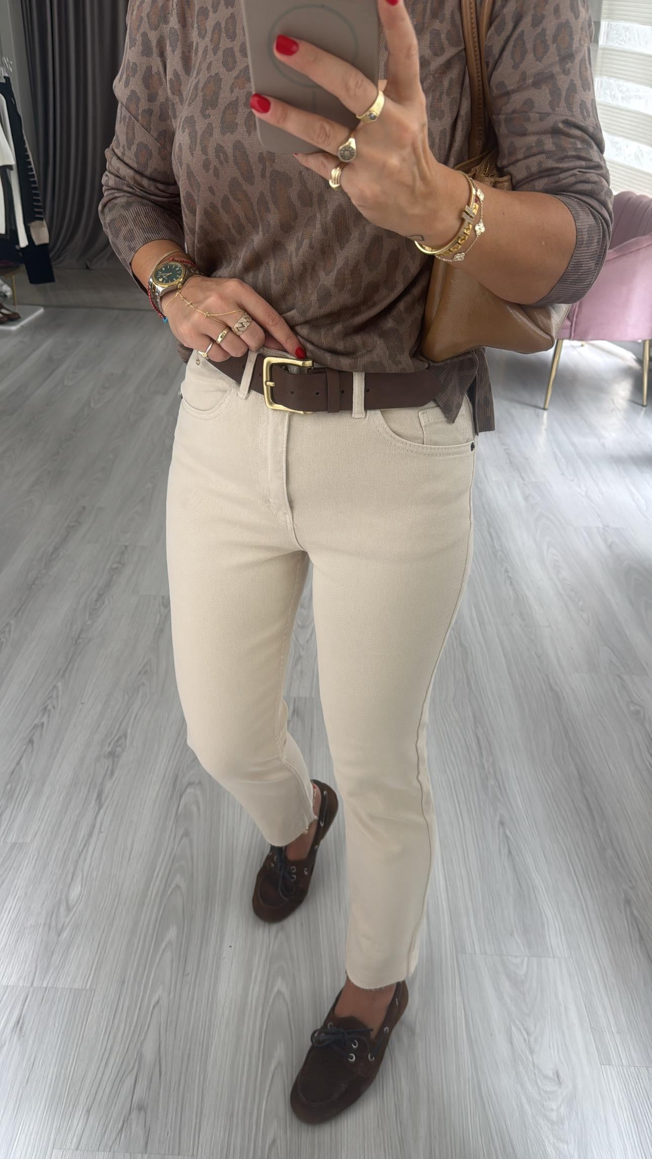 Orjinal Marka Likralı Bej Boyfit Jean