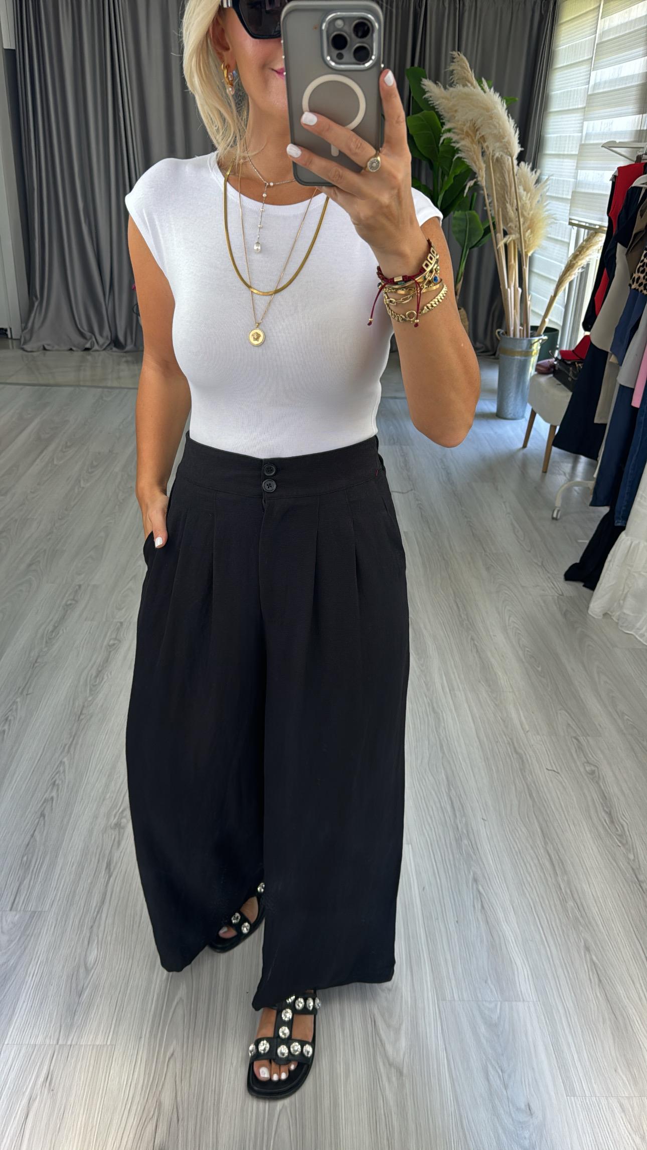 Orjinal Marka Pamuk Keten Siyah Pantolon