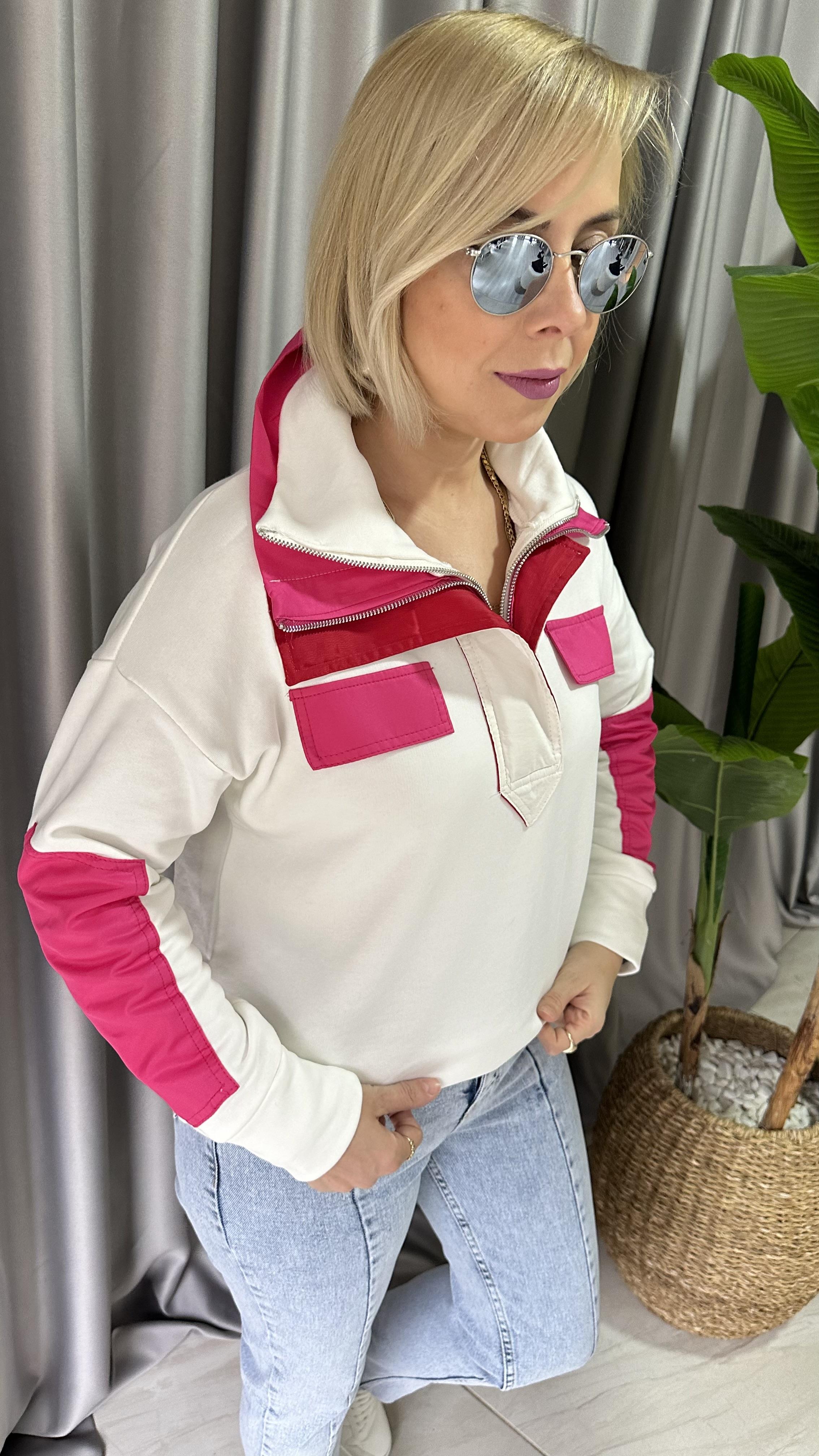 ORJİNAL MODEL ÇİFT FERMUARLI TASARIM FUŞYA SWEAT