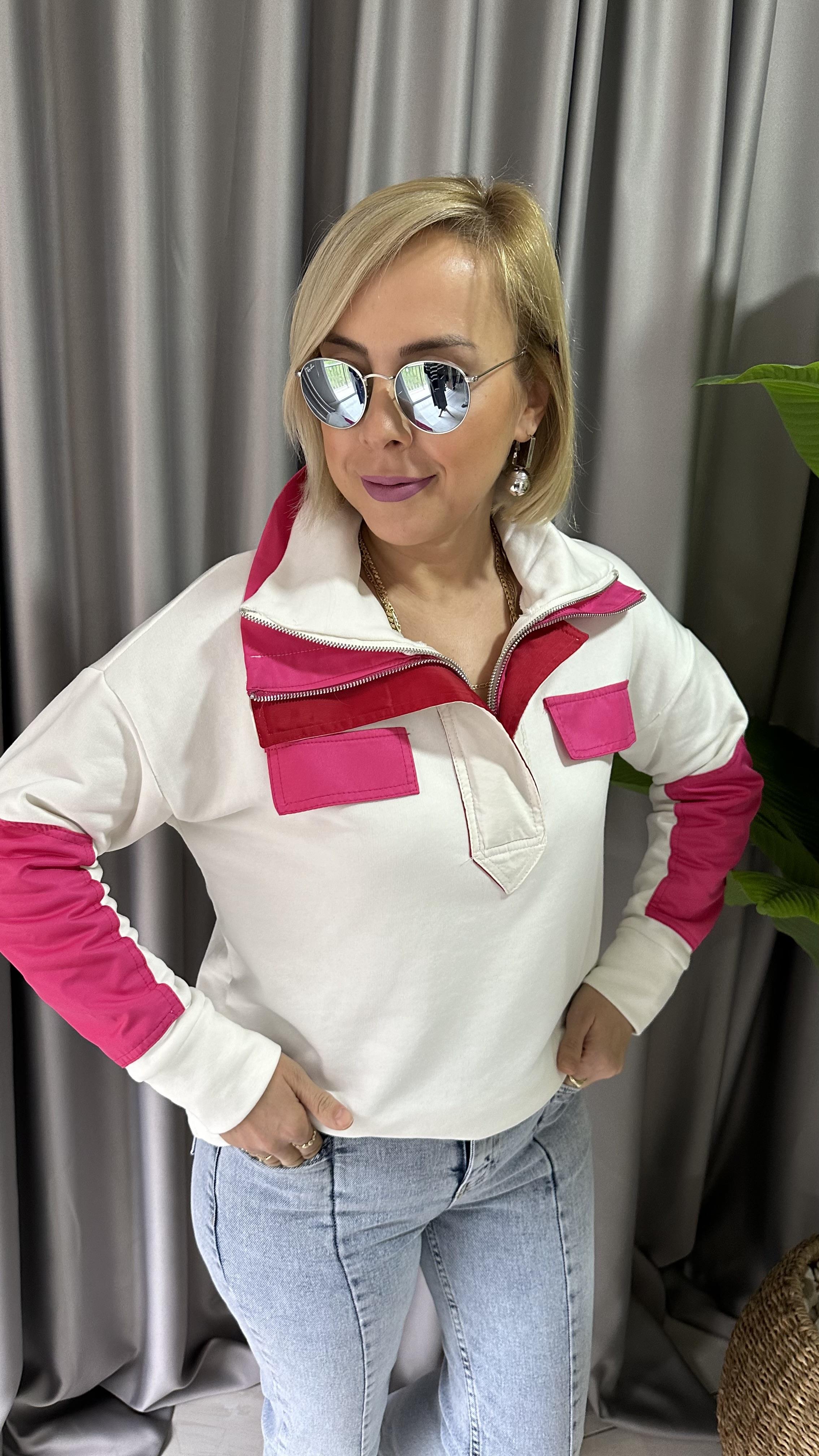 ORJİNAL MODEL ÇİFT FERMUARLI TASARIM FUŞYA SWEAT