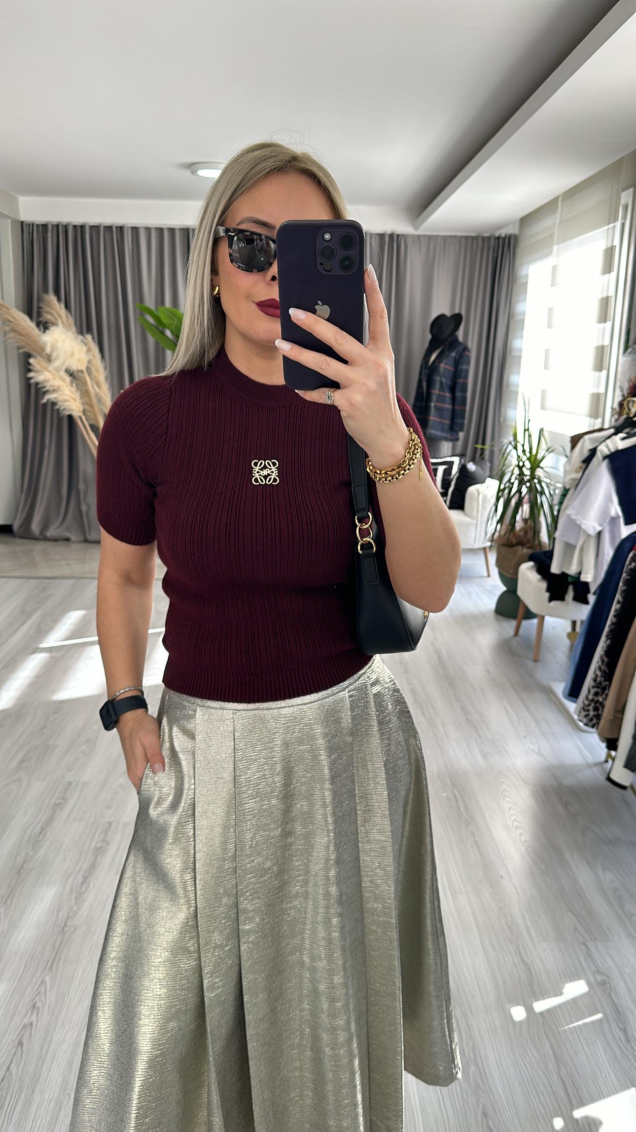 ORJİNAL MODEL GOLD BROŞ DETAYLI BORDO TRİKO