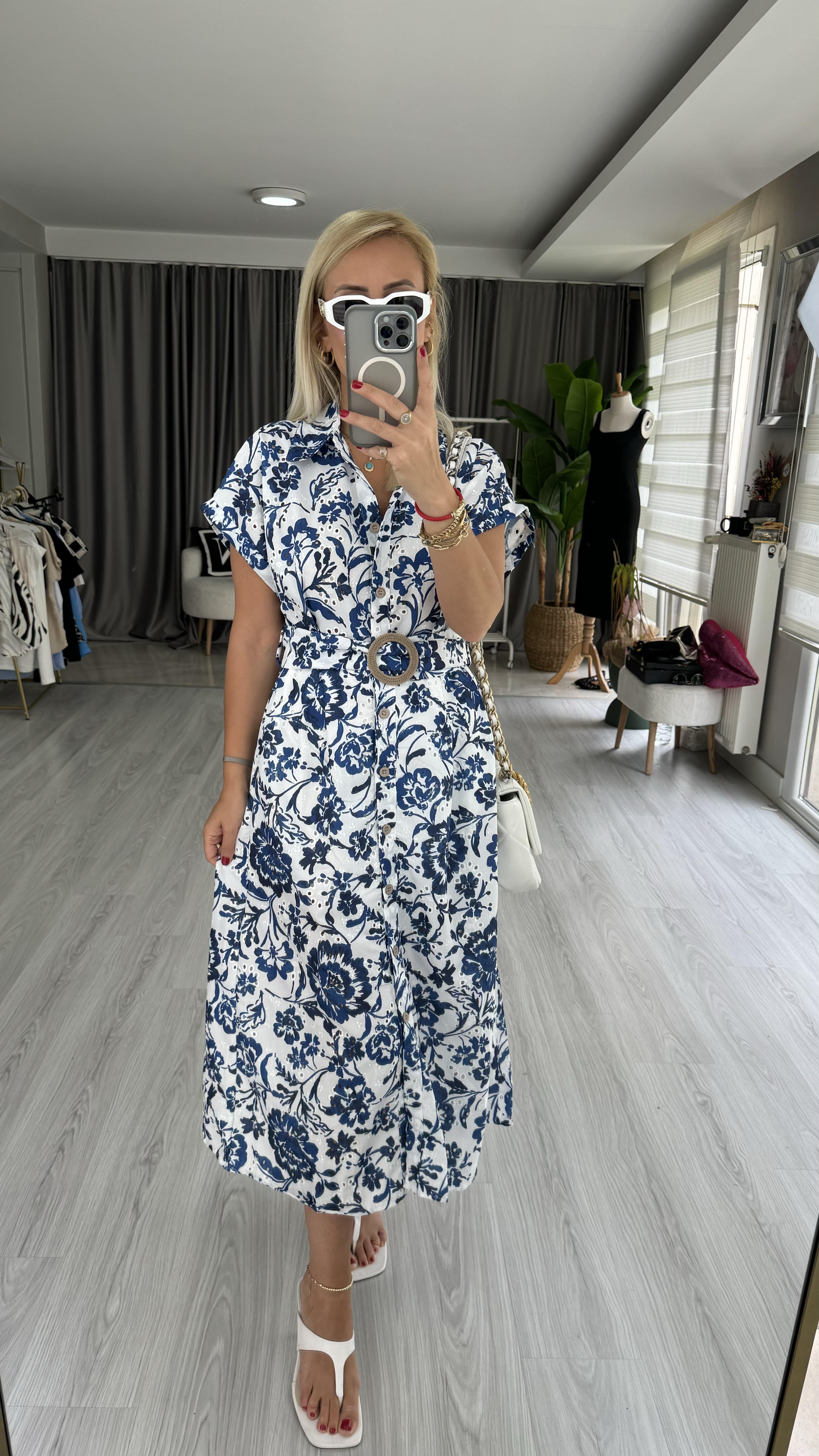 ORJİNAL MODEL KEMERLİ MAVİ FİSTO ELBİSE