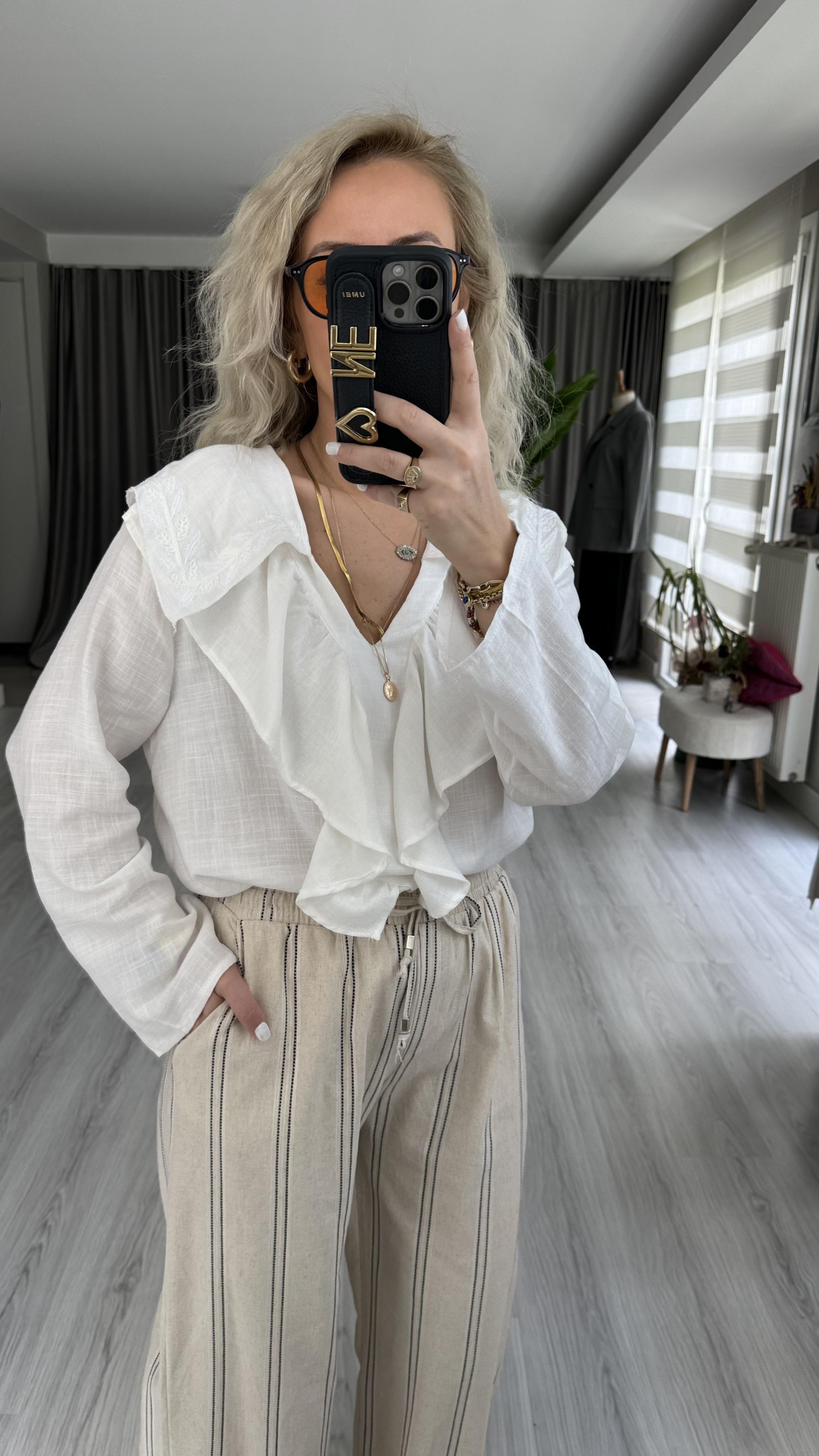 ORJİNAL MODEL NAKIŞLI PAMUK KETEN BEYAZ  GÖMLEK