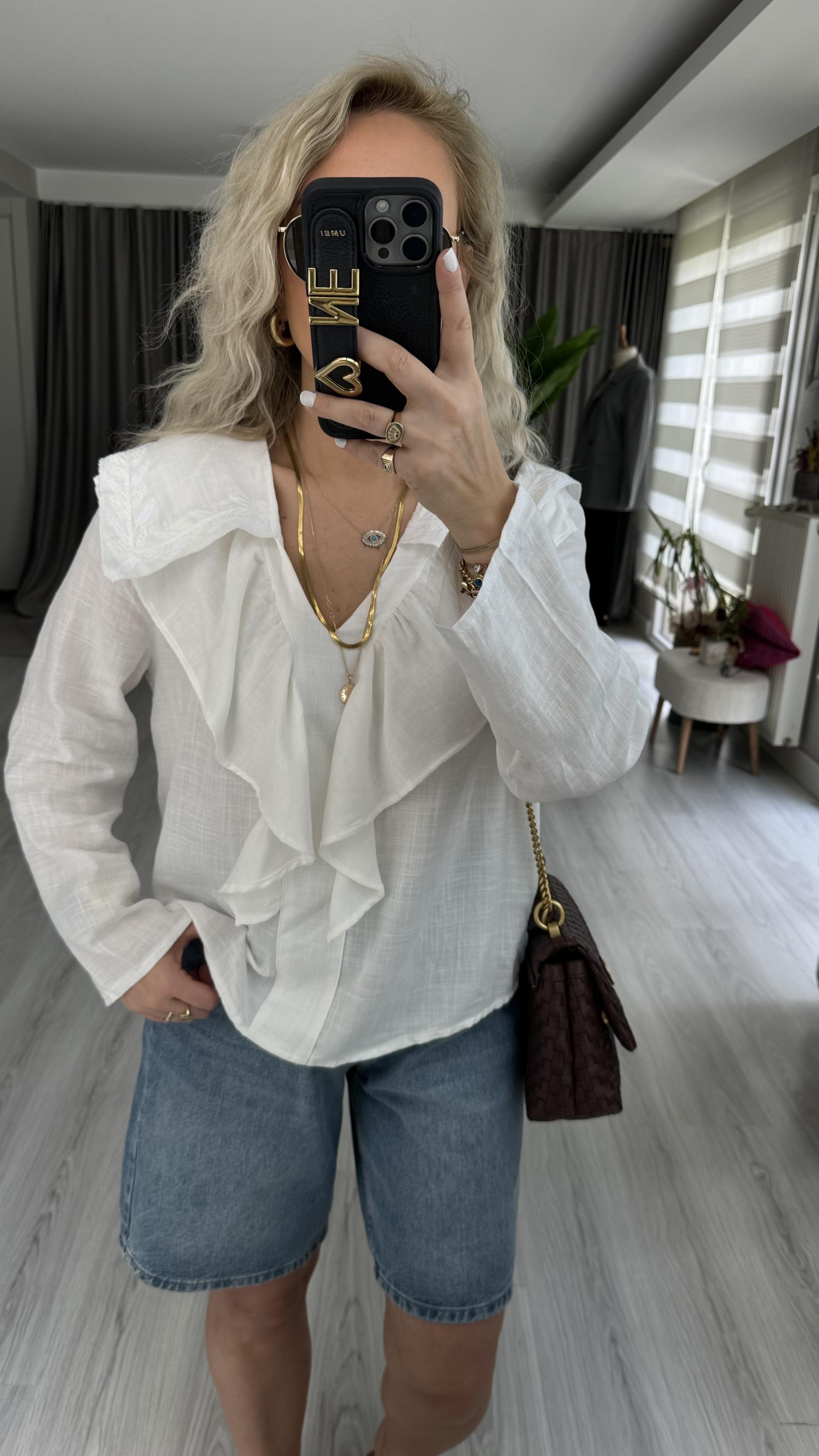 ORJİNAL MODEL NAKIŞLI PAMUK KETEN BEYAZ  GÖMLEK