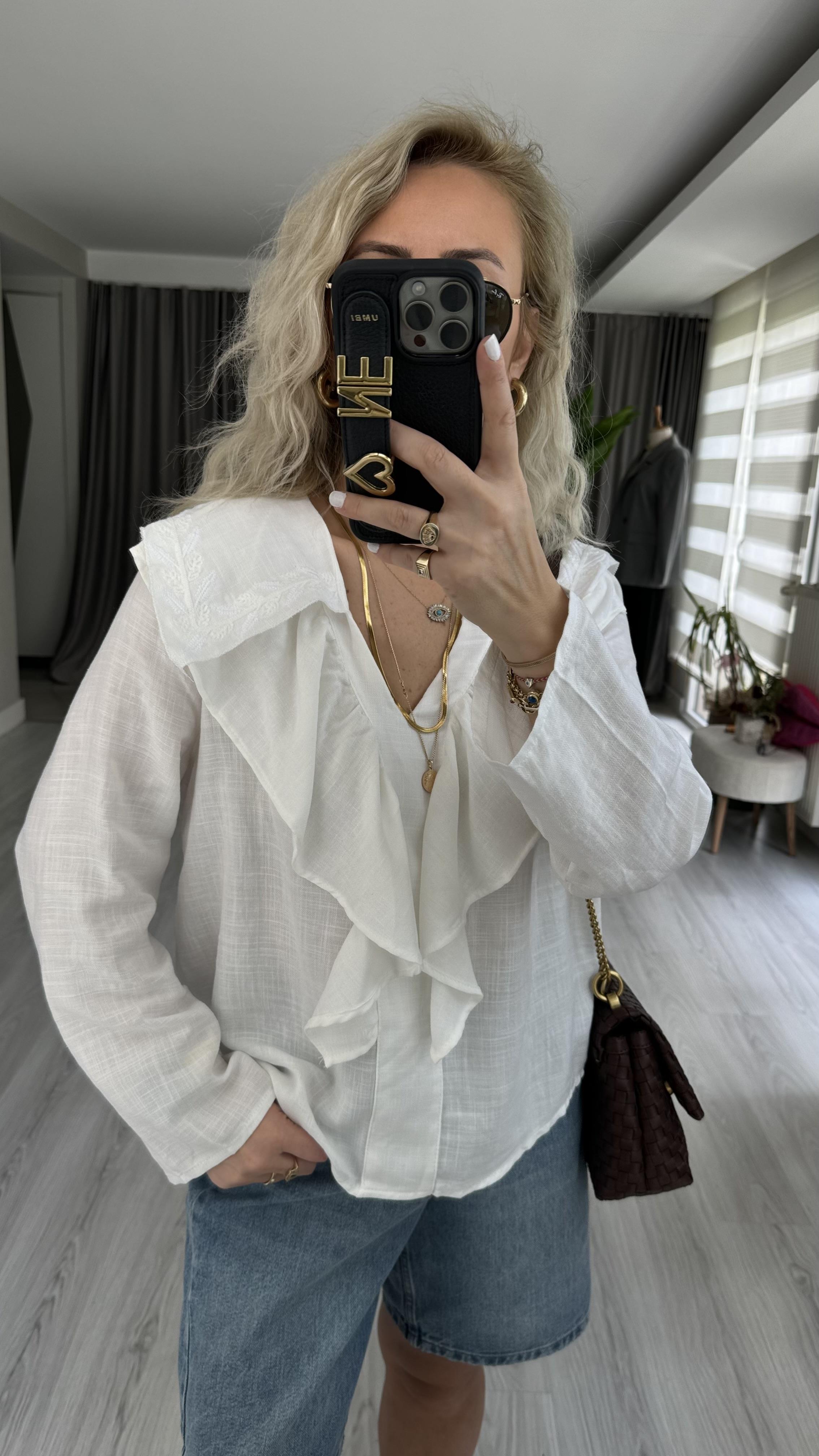 ORJİNAL MODEL NAKIŞLI PAMUK KETEN BEYAZ  GÖMLEK