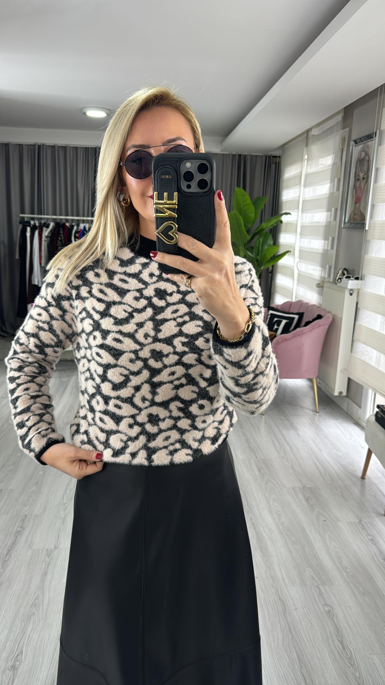 Orjinal Model Siyah Bej Leopar Desen Triko