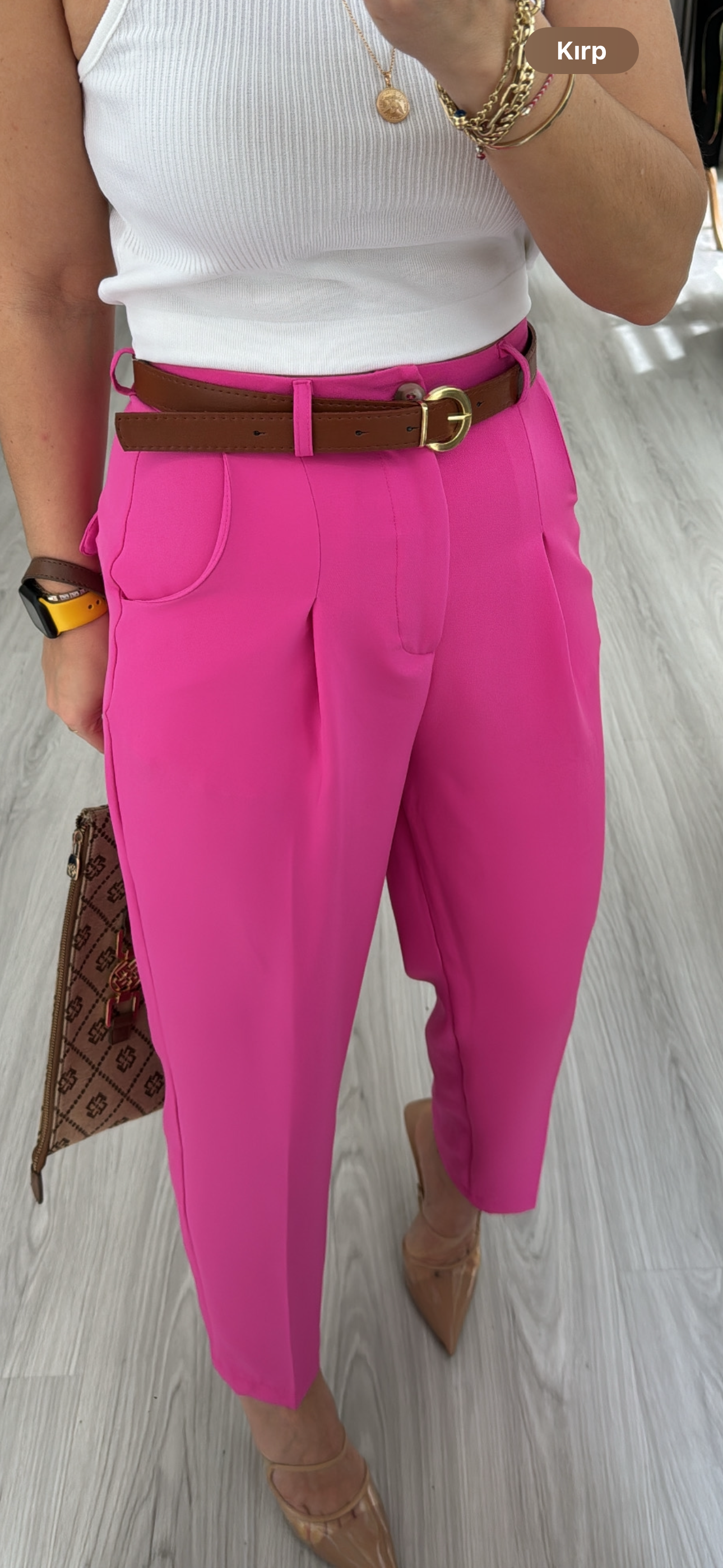 ORJİNAL MODEL TABA KEMERLİ  PEMBE  LİKRALI KREP PANTOLON