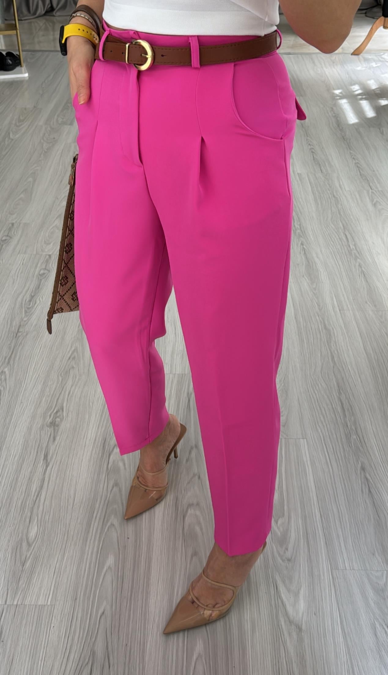 ORJİNAL MODEL TABA KEMERLİ  PEMBE  LİKRALI KREP PANTOLON