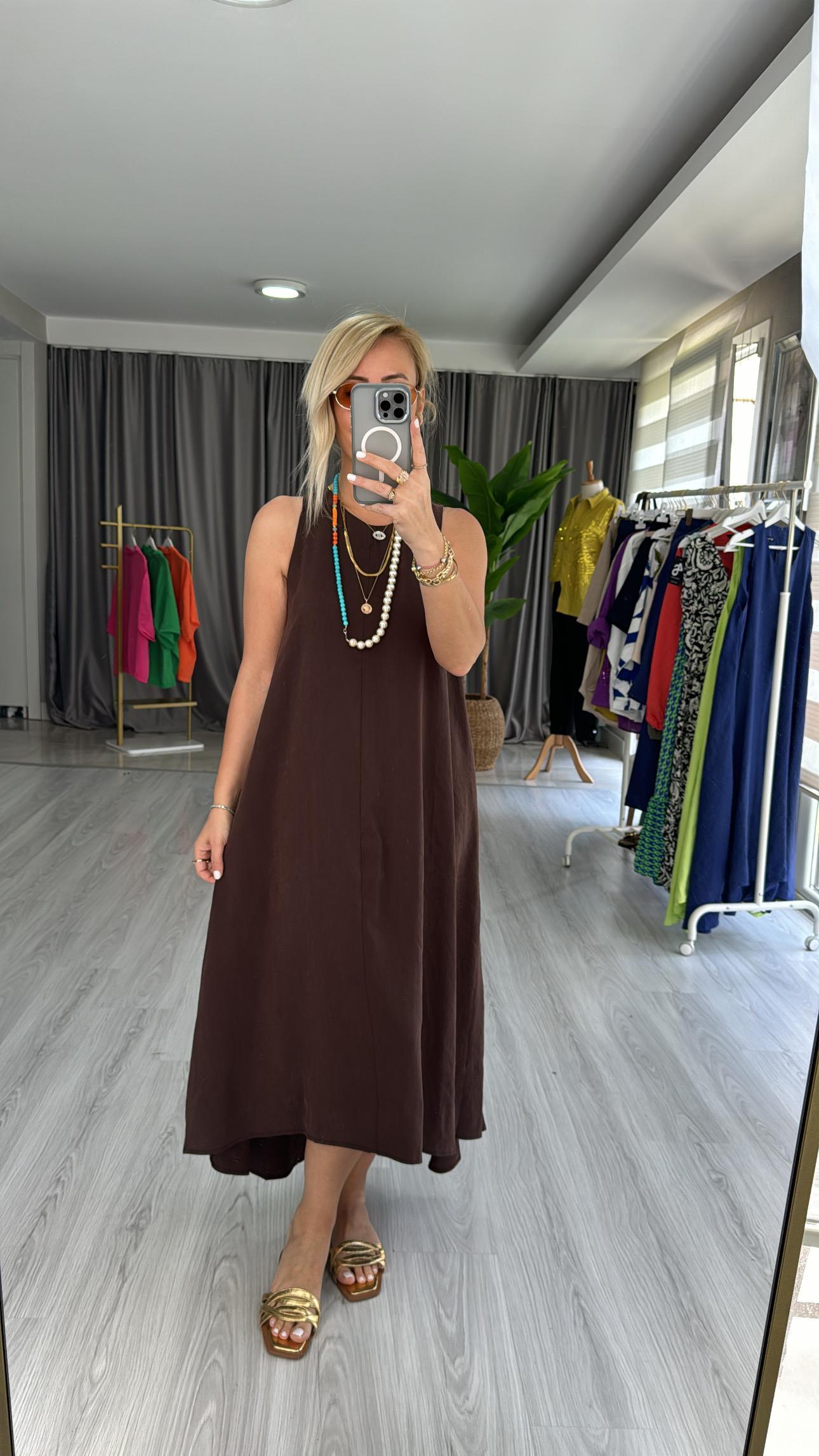 ORJİNAL MODEL TENCEL KAHVERENGİ ELBİSE