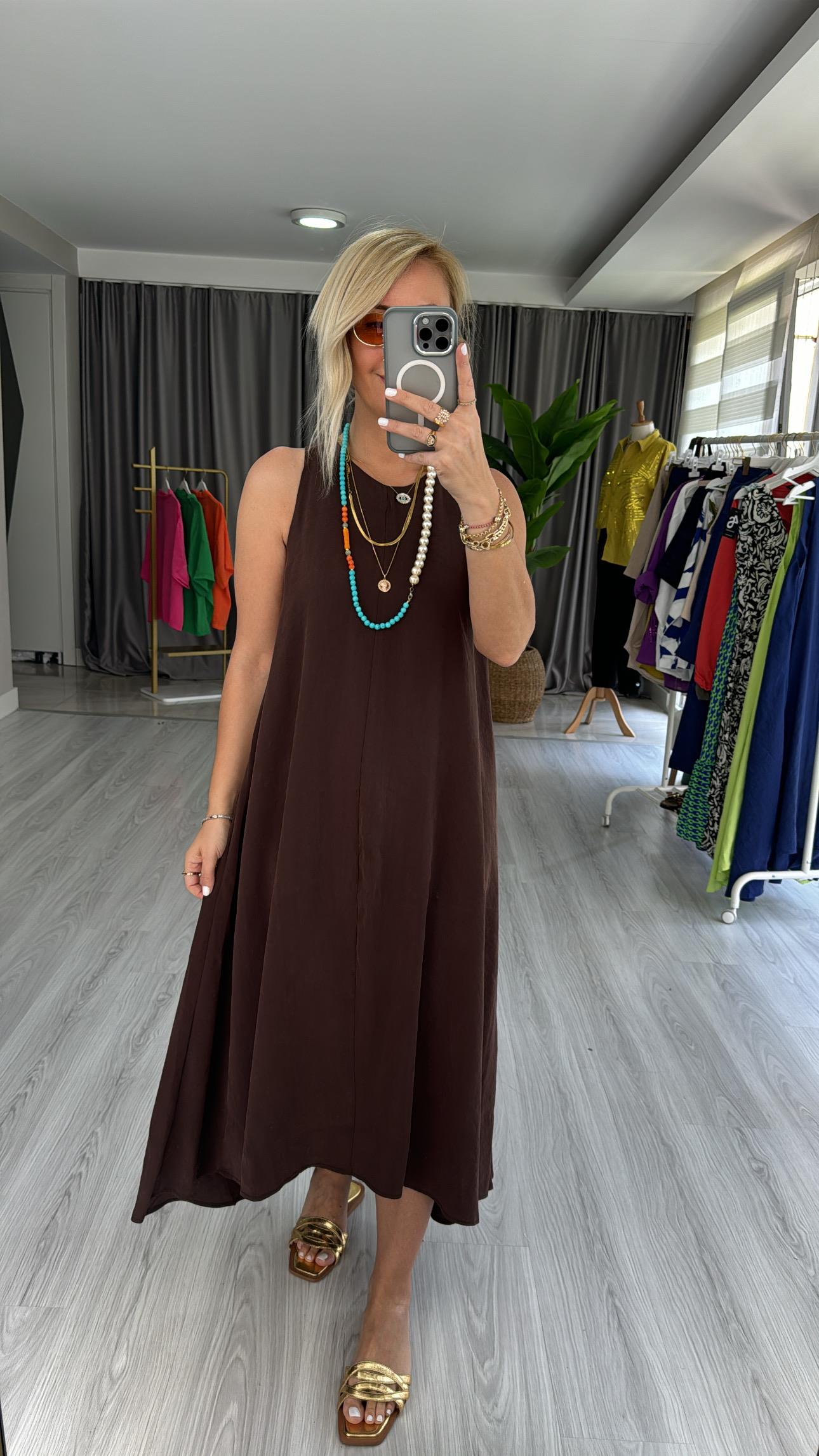 ORJİNAL MODEL TENCEL KAHVERENGİ ELBİSE